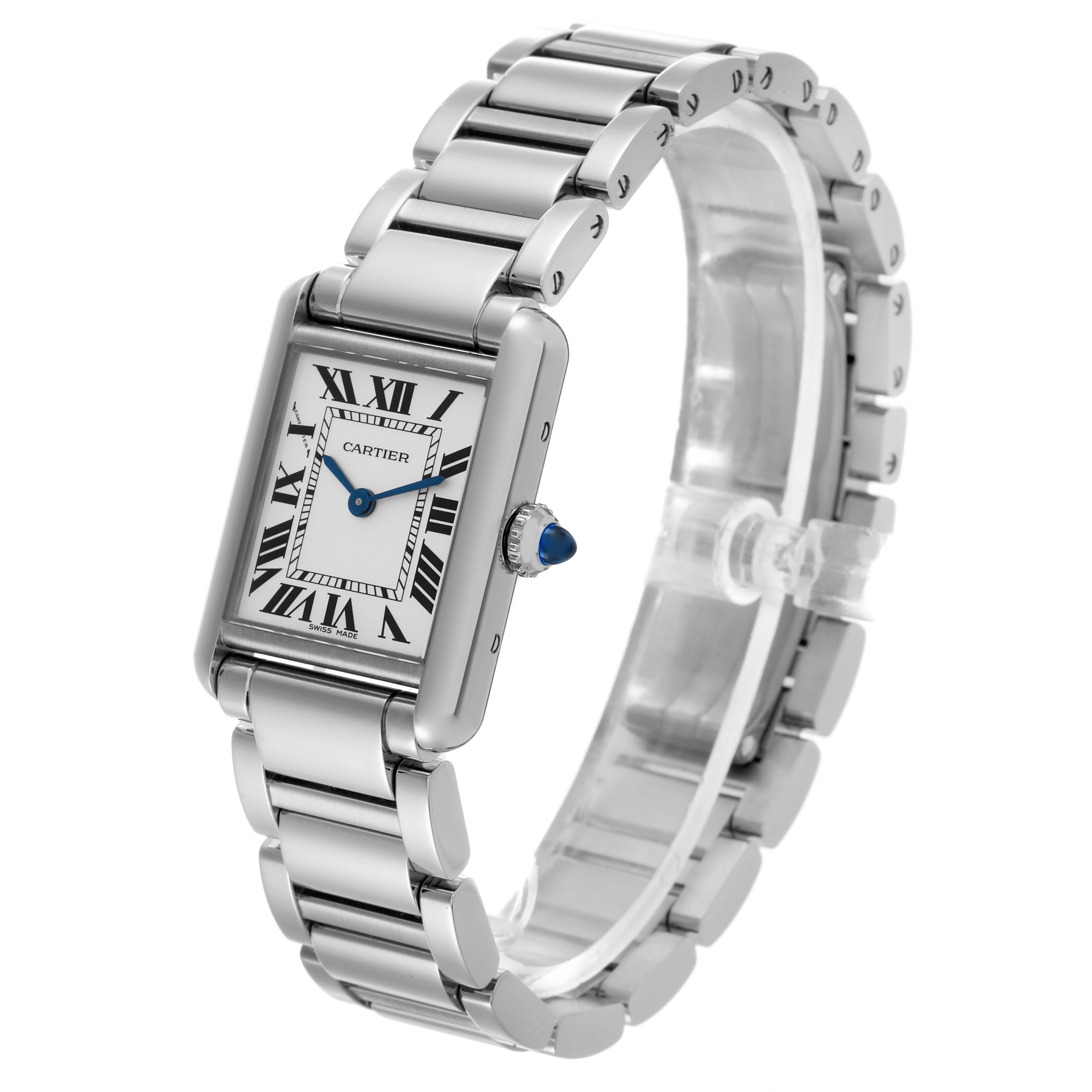 The Cartier Tank Must WSTA0051 Women's Stainless Steel Silver Dial WSTA0051 Women's Stainless Steel Silver Dial watch is shown from an angled side view, highlighting the face, bracelet, and crown.