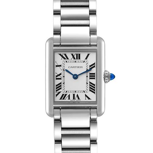 The Cartier Tank Must watch is shown from a top view, highlighting its face and metal bracelet.