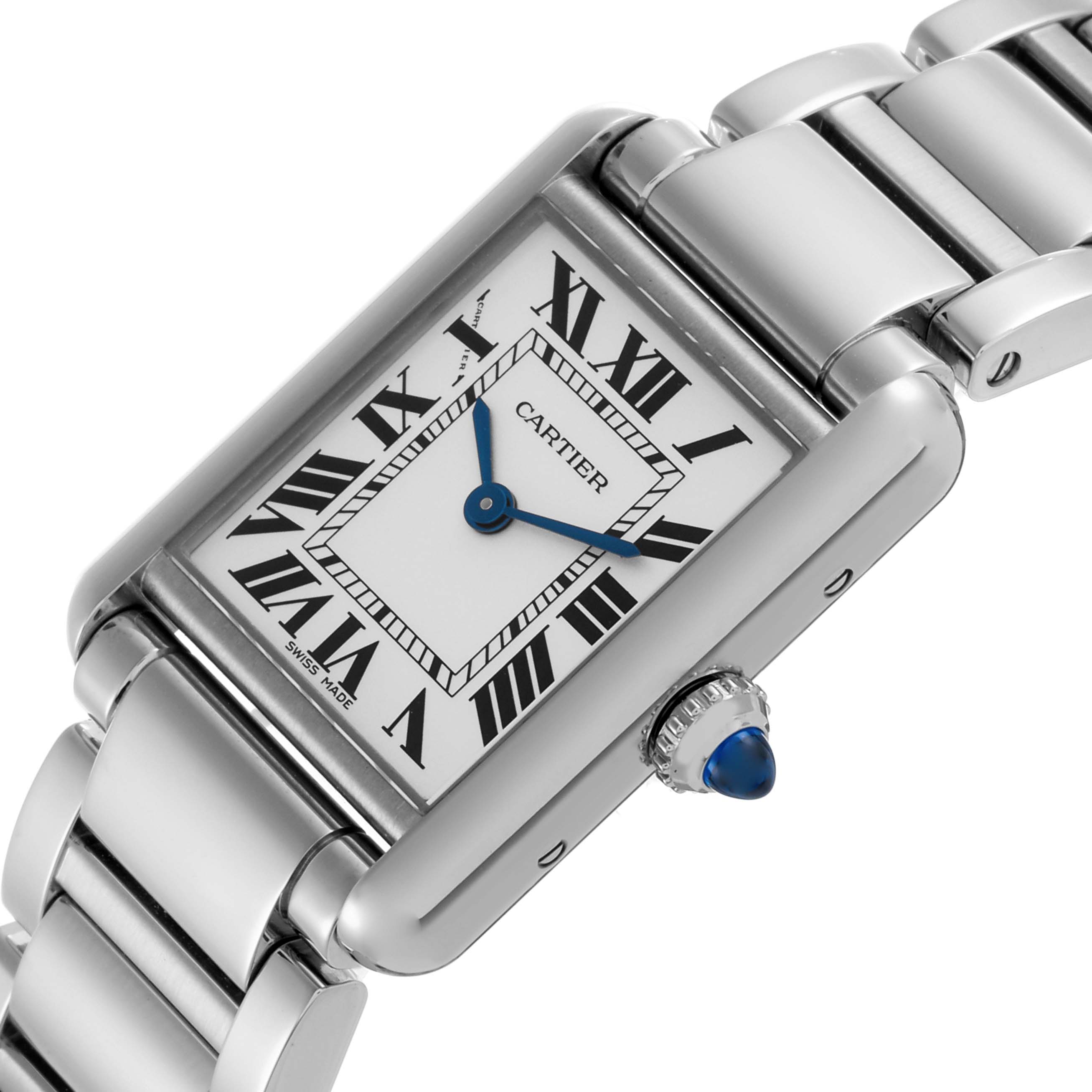 The Cartier Tank Must WSTA0051 Women's Stainless Steel Silver Dial WSTA0051 Women's Stainless Steel Silver Dial watch is shown at an angled close-up, displaying the face, Roman numerals, hands, bracelet, and crown.