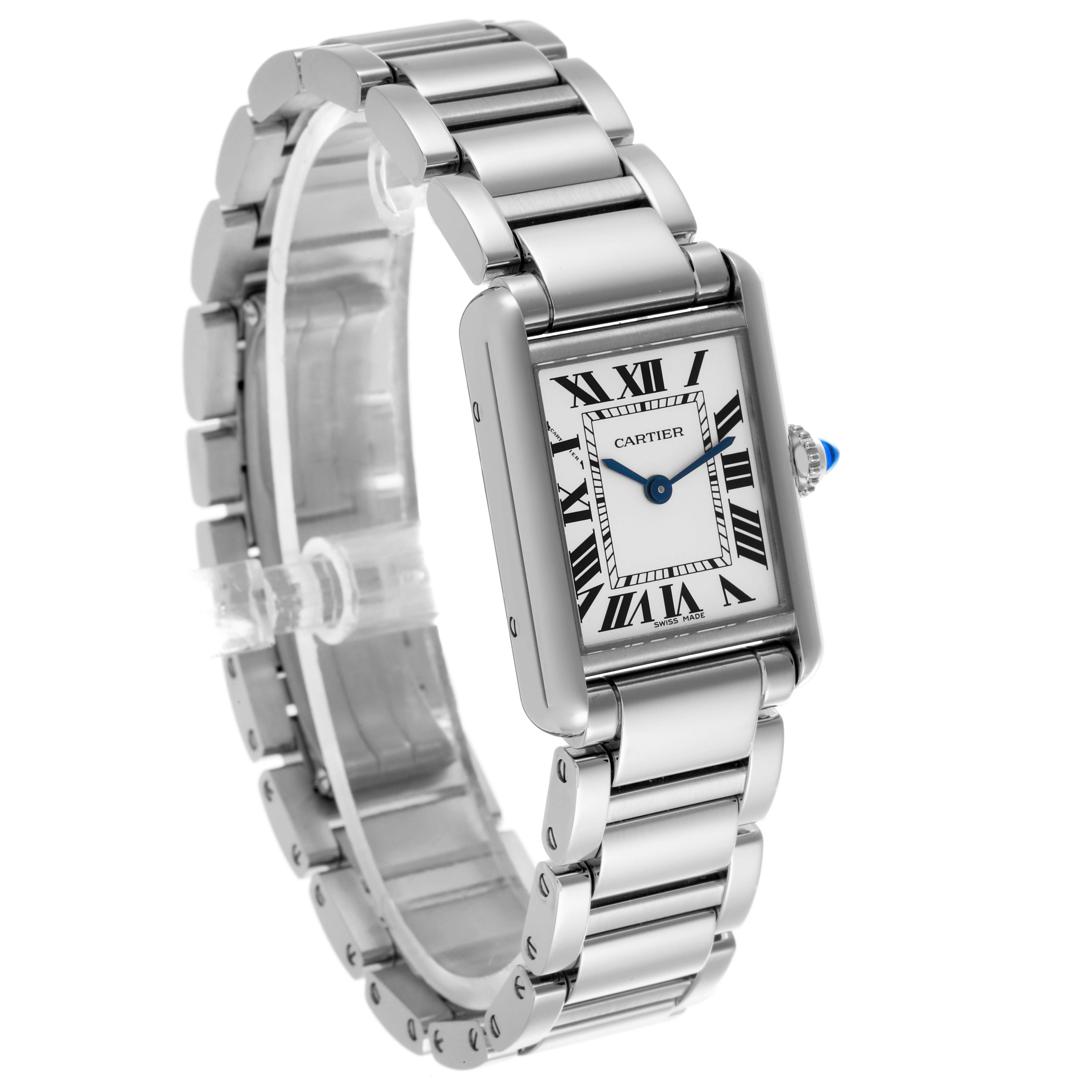 The Cartier Tank Must WSTA0051 Women's Stainless Steel Silver Dial WSTA0051 Women's Stainless Steel Silver Dial watch is shown at a slight diagonal angle, revealing the face, bracelet, and crown.