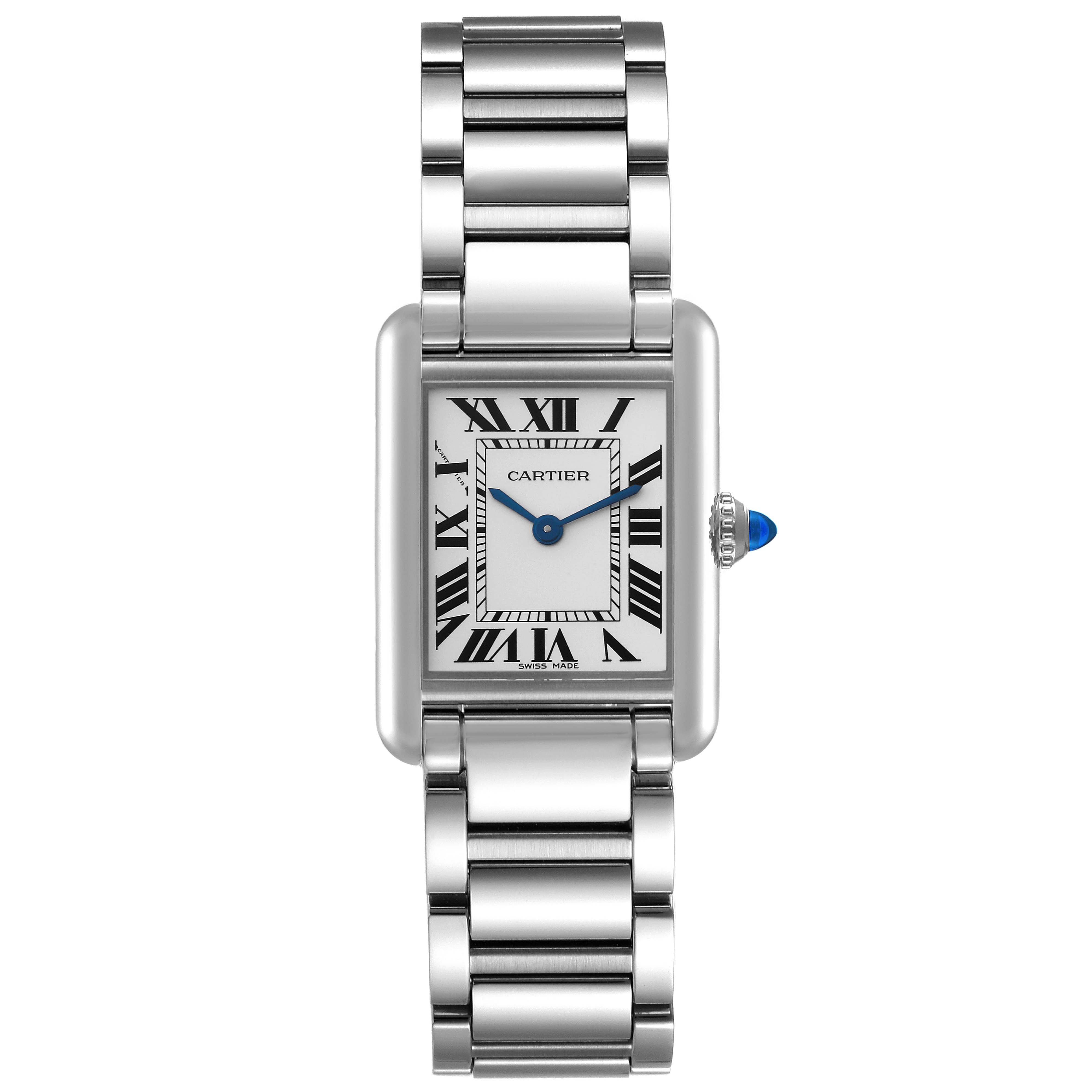 The Cartier Tank Must WSTA0051 Women's Stainless Steel Silver Dial WSTA0051 Women's Stainless Steel Silver Dial watch is shown from a top-down angle, displaying its face, bracelet, and crown.