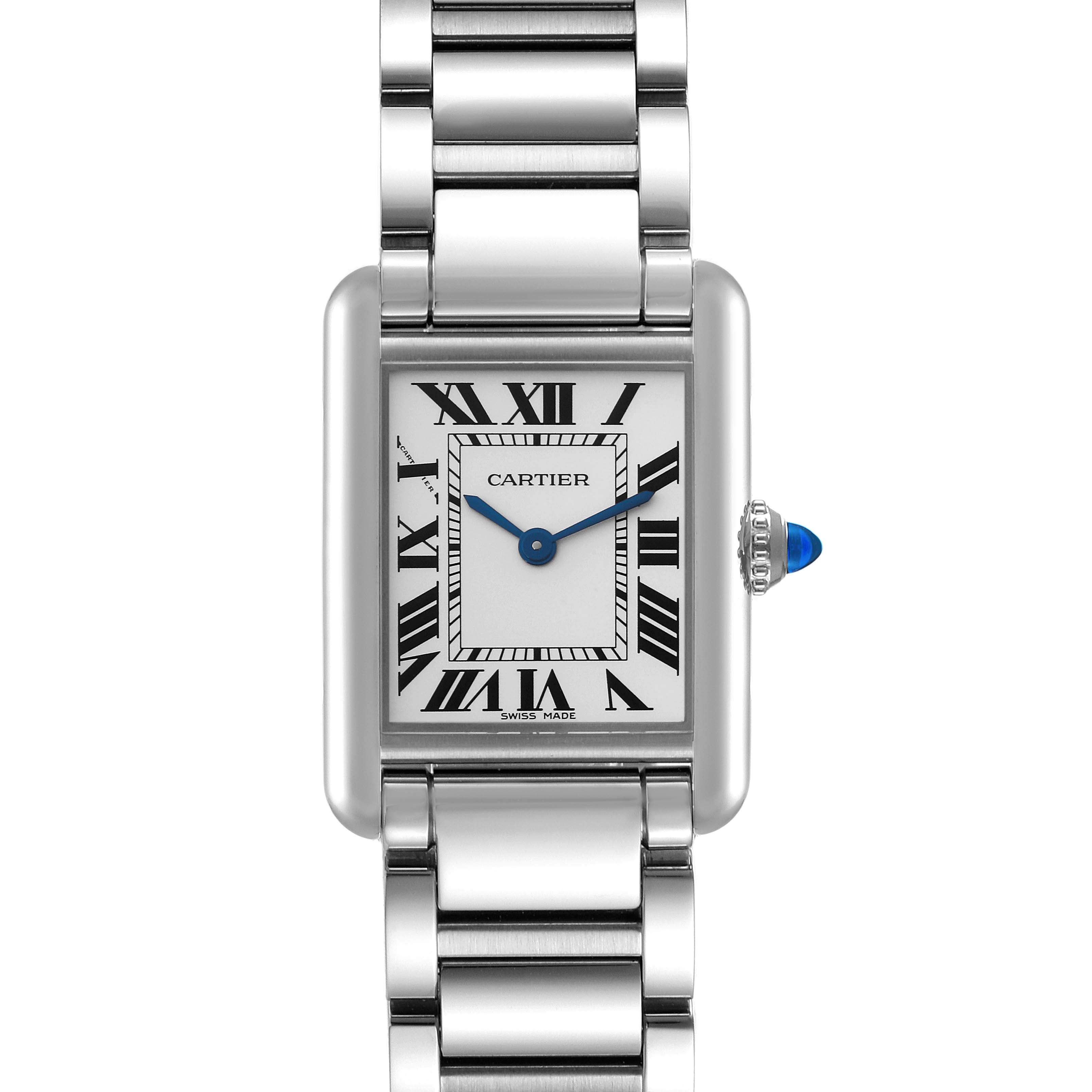 The Cartier Tank Must WSTA0051 Women's Stainless Steel Silver Dial WSTA0051 Women's Stainless Steel Silver Dial watch is shown from the front, displaying its face, bracelet, and crown.