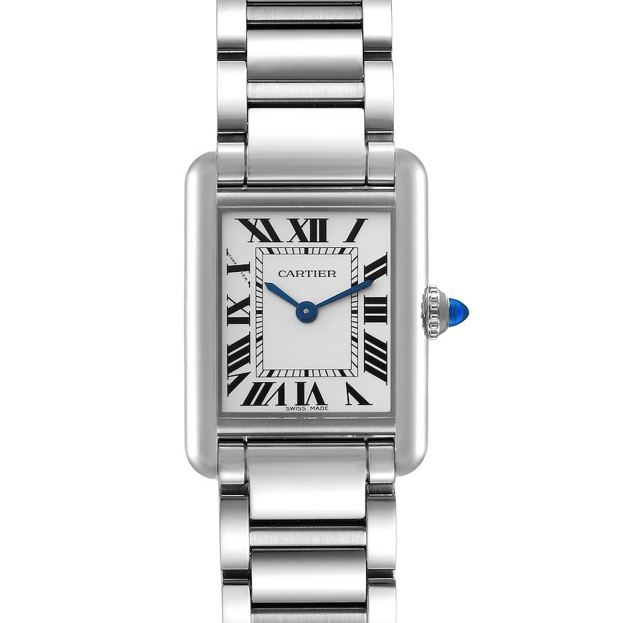 The Cartier Tank Must watch is shown from the front, displaying its face, bracelet, and crown.