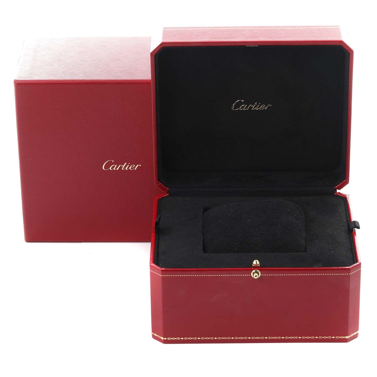 The image shows a Cartier Tank Obus W1512256 Women's Yellow Gold Silver Dial W1512256 Women's Yellow Gold Silver Dial watch box, with its luxurious red exterior and black interior visible.