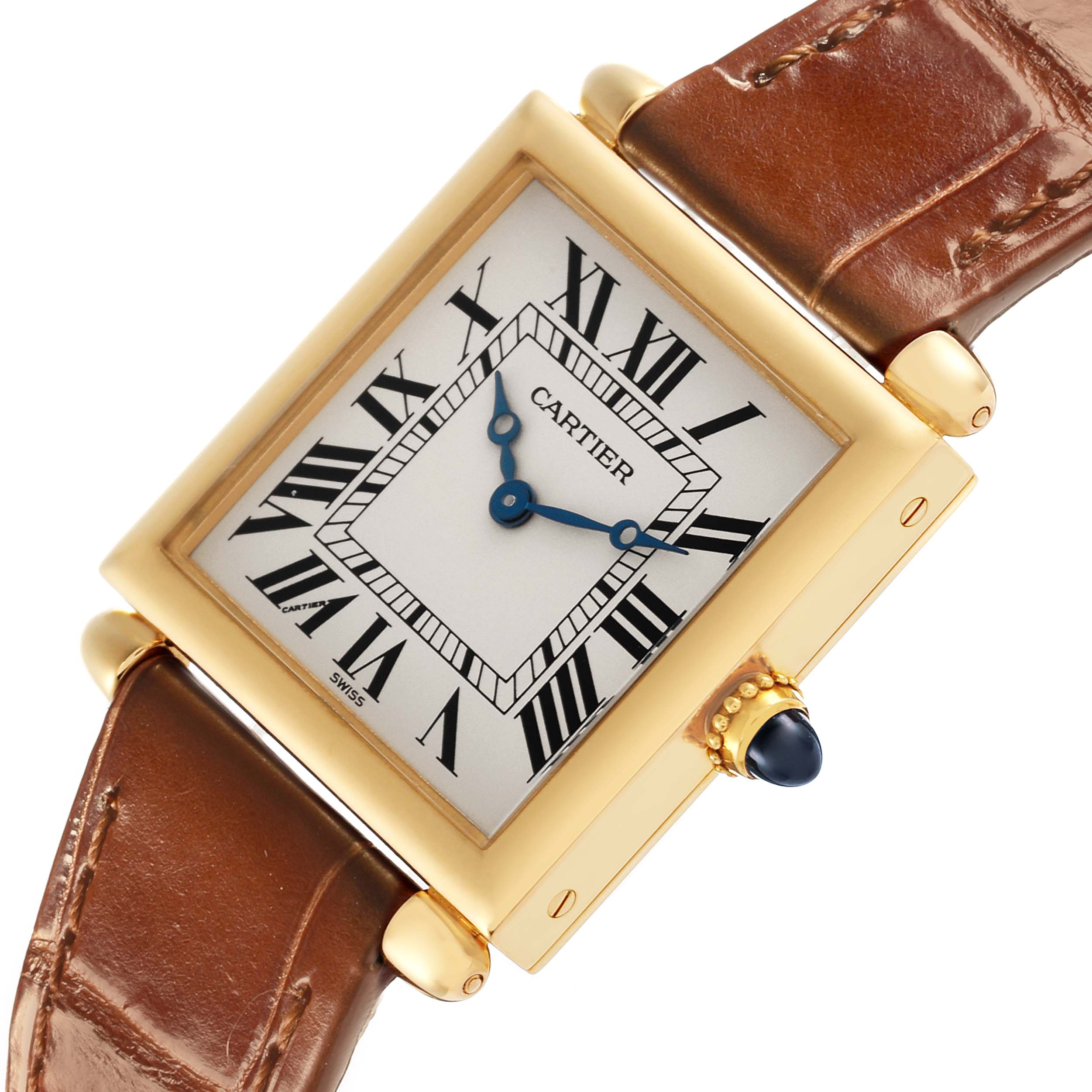 The Cartier Tank Obus W1512256 Women's Yellow Gold Silver Dial W1512256 Women's Yellow Gold Silver Dial watch is shown from a front angle, displaying the dial, case, and part of the leather strap.