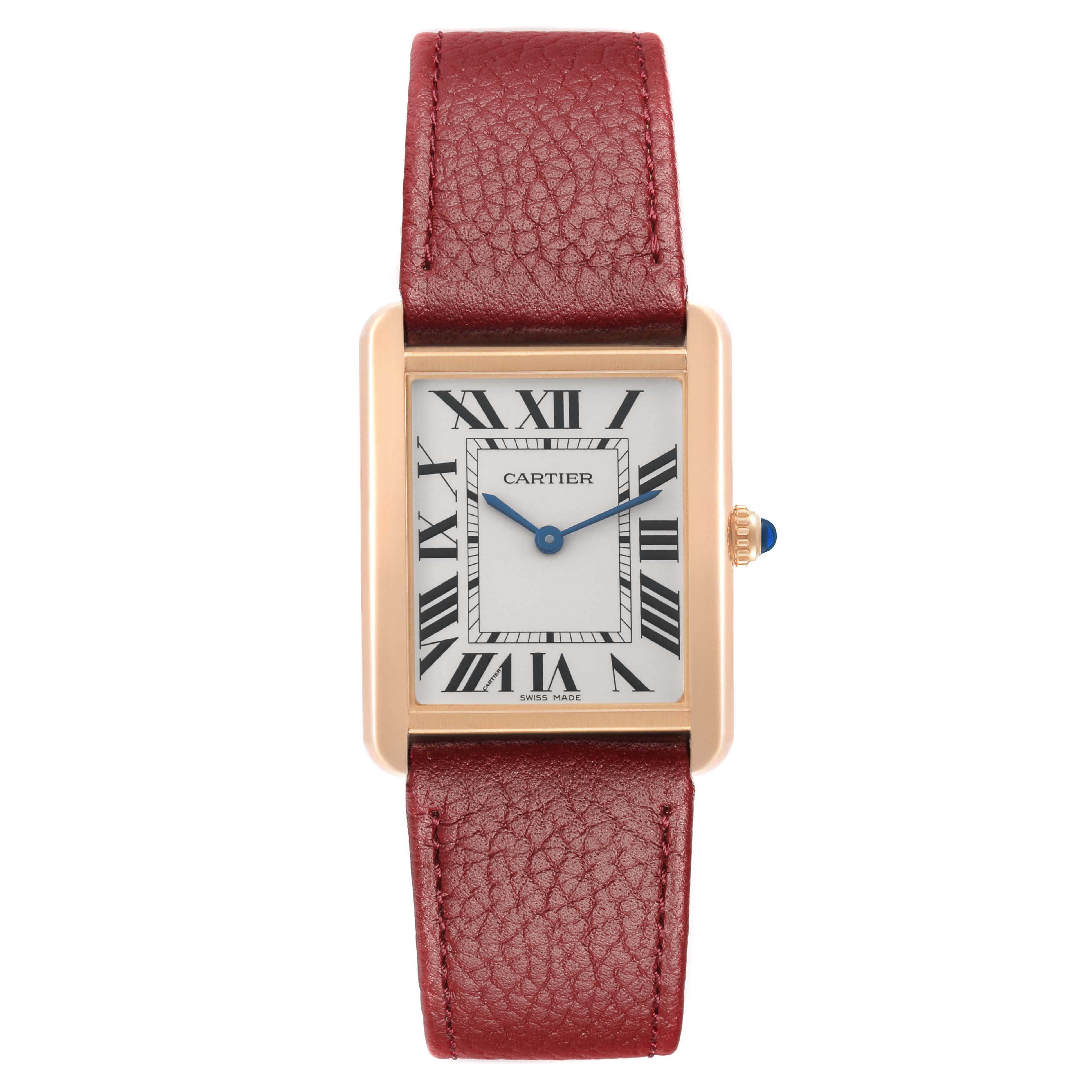 The Cartier Tank Solo W5200025 Men's Rose Gold Silver Dial watch is shown from the front, displaying its face, rectangular case, and red leather strap.