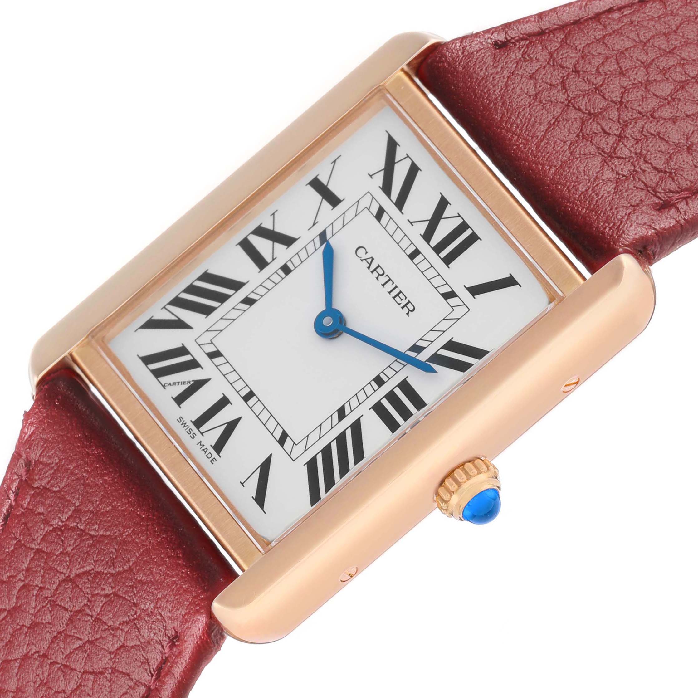 The Cartier Tank Solo W5200025 Men's Rose Gold Silver Dial watch is shown at an angled close-up, highlighting its rectangular face, Roman numerals, and red leather strap.