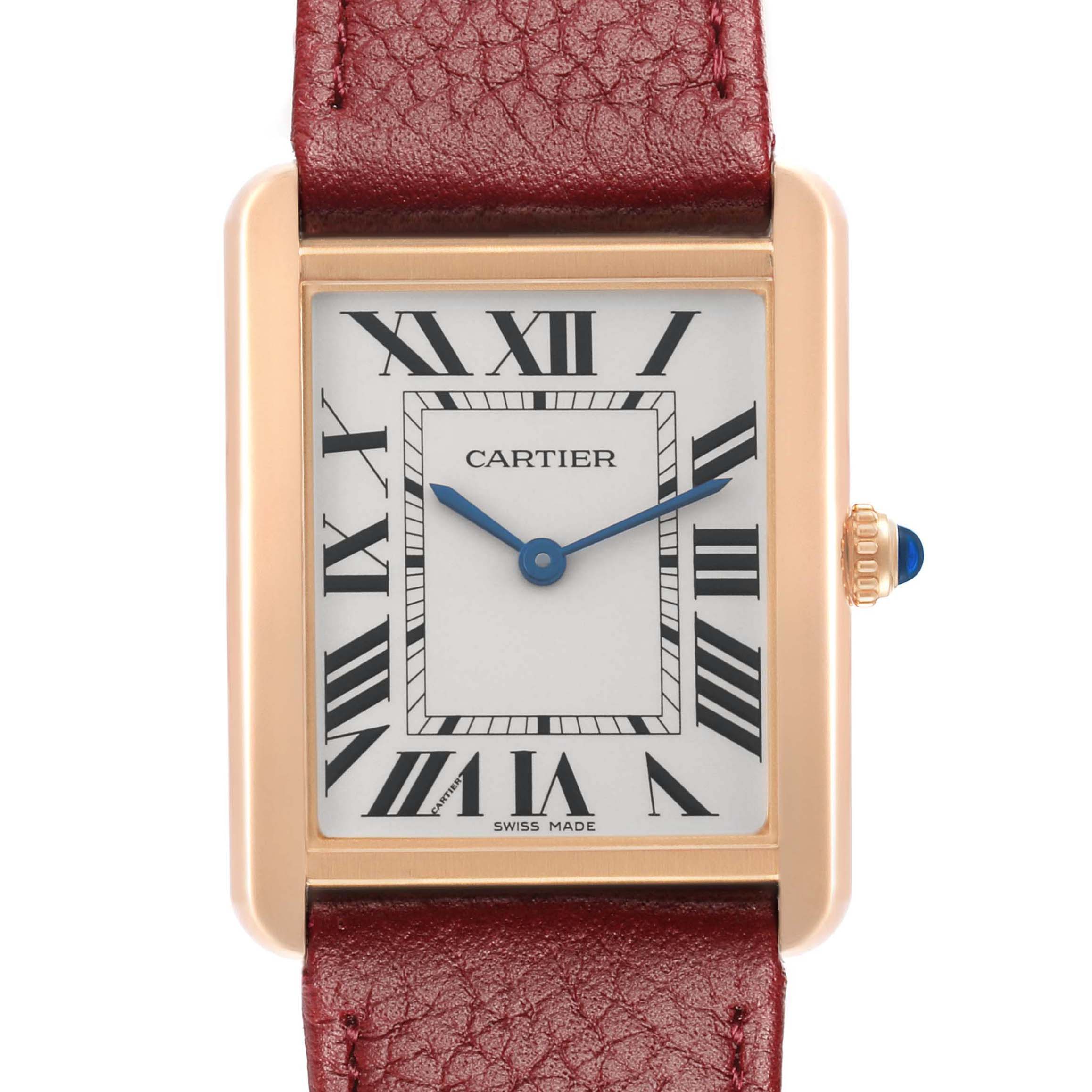 The Cartier Tank Solo W5200025 Men's Rose Gold Silver Dial watch is shown from the front, highlighting the face, Roman numerals, and crown with a leather strap.