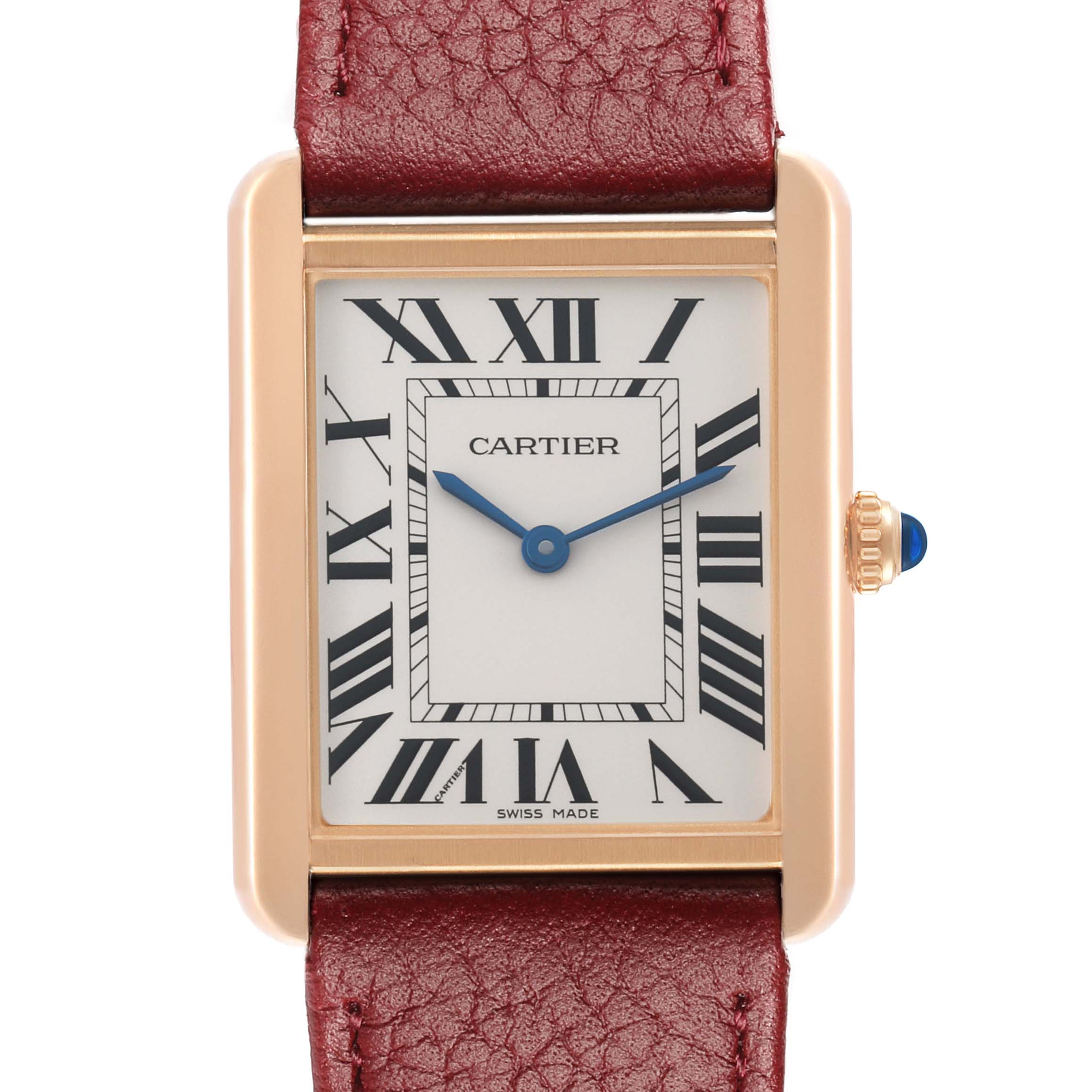 The Cartier Tank Solo W5200025 Men's Rose Gold Silver Dial watch is shown from the front, highlighting the face, Roman numerals, and red leather strap.
