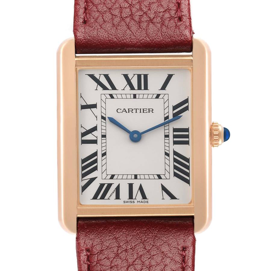 The Cartier Tank Solo W5200025 Men's Rose Gold Silver Dial watch is shown from the front, highlighting the face, Roman numerals, and red leather strap.