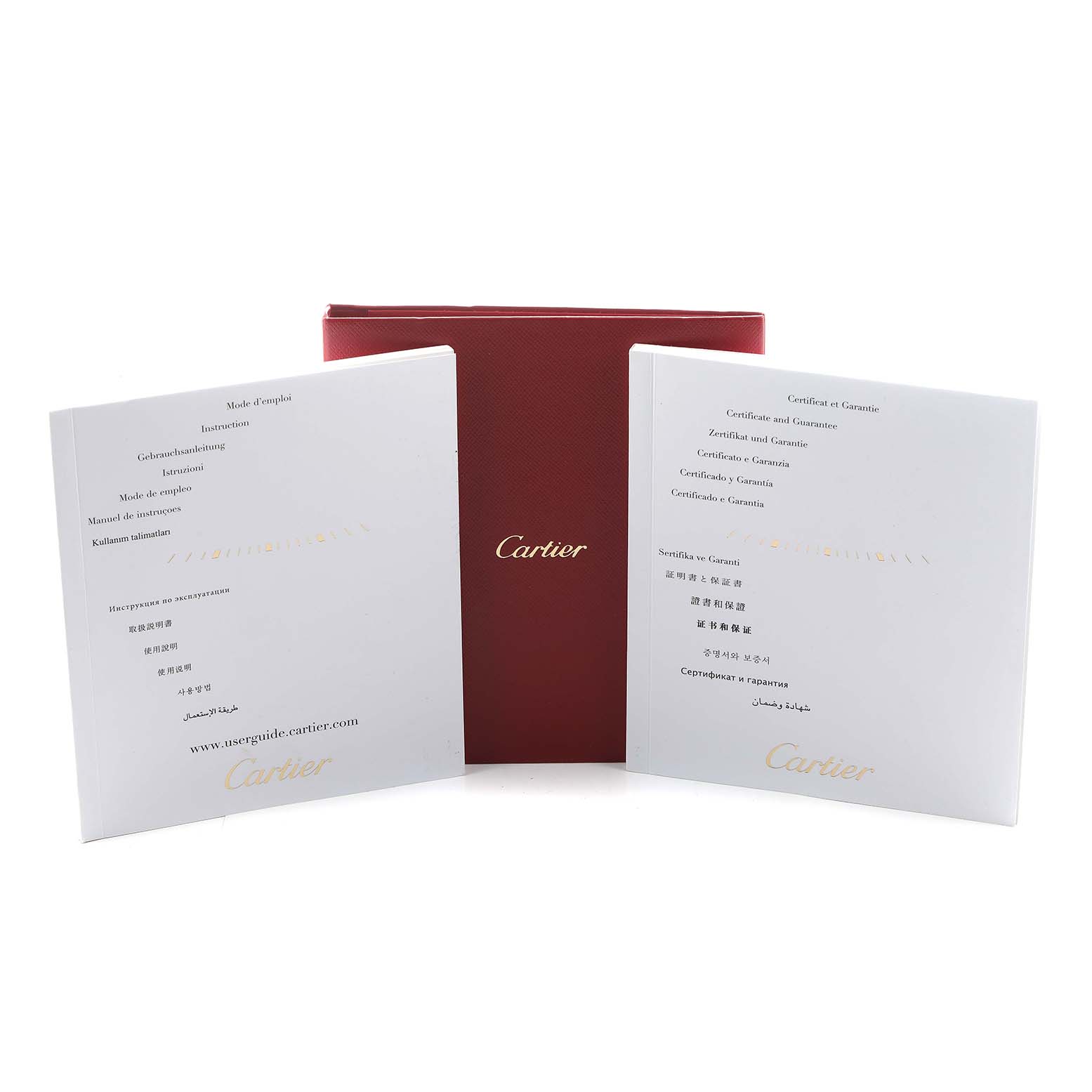 The image shows the manual and warranty for the Cartier Tank Solo W5200025 Men's Rose Gold Silver Dial, alongside a red Cartier box, photographed straight-on.