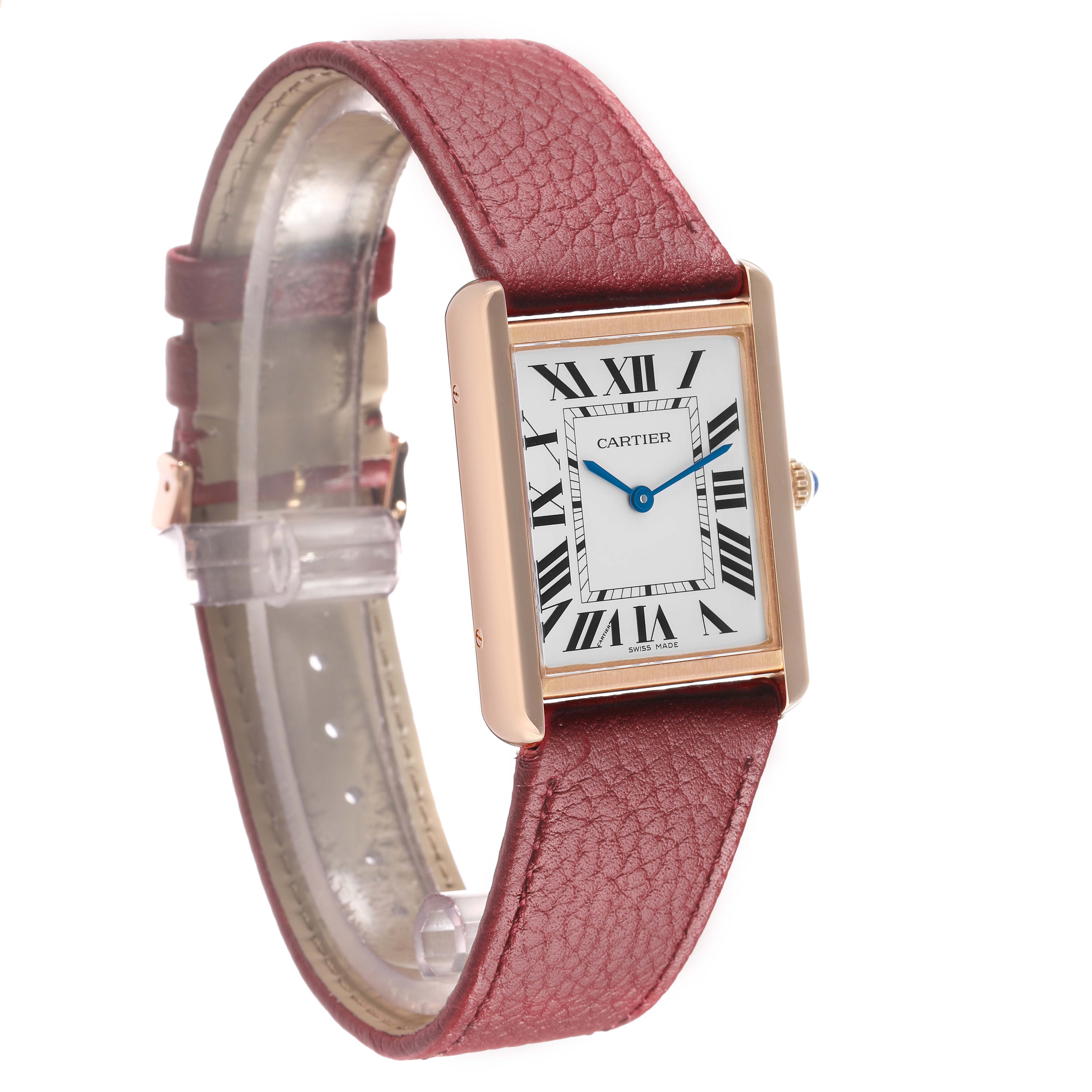The Cartier Tank Solo W5200025 Men's Rose Gold Silver Dial watch is shown at an angled side view, highlighting its rectangular case, textured strap, and Roman numeral dial.
