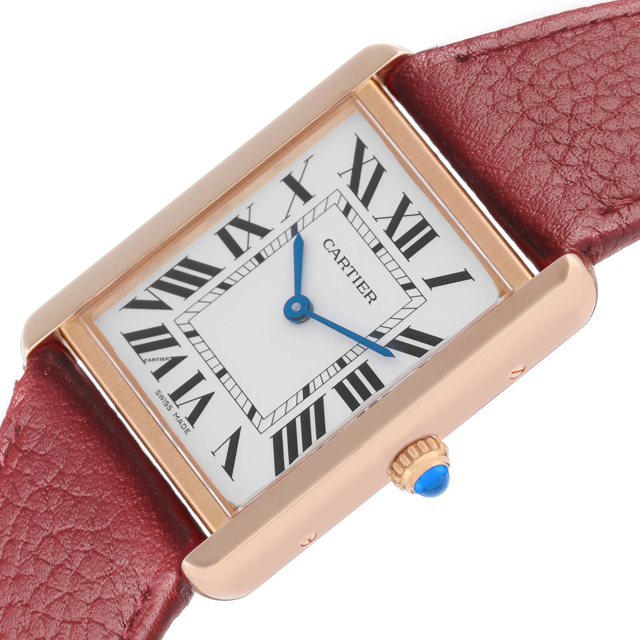 The image shows a Cartier Tank Solo W5200025 Men's Rose Gold Silver Dial watch at an angled view, highlighting the face, Roman numerals, blue hands, crown, and leather strap.