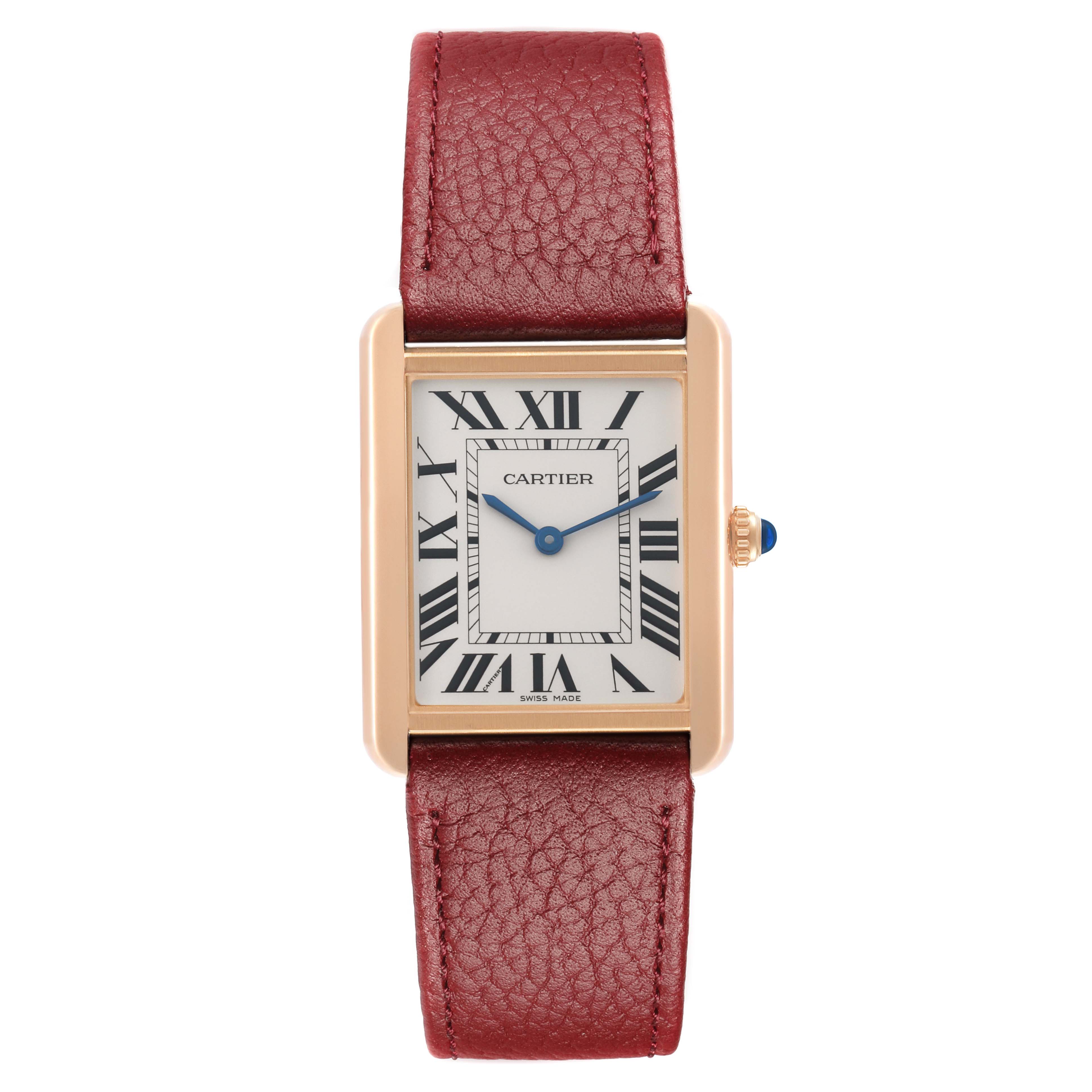 The Cartier Tank Solo W5200025 Men's Rose Gold Silver Dial watch is shown from a top-down angle, displaying the rectangular dial, Roman numerals, and burgundy leather strap.