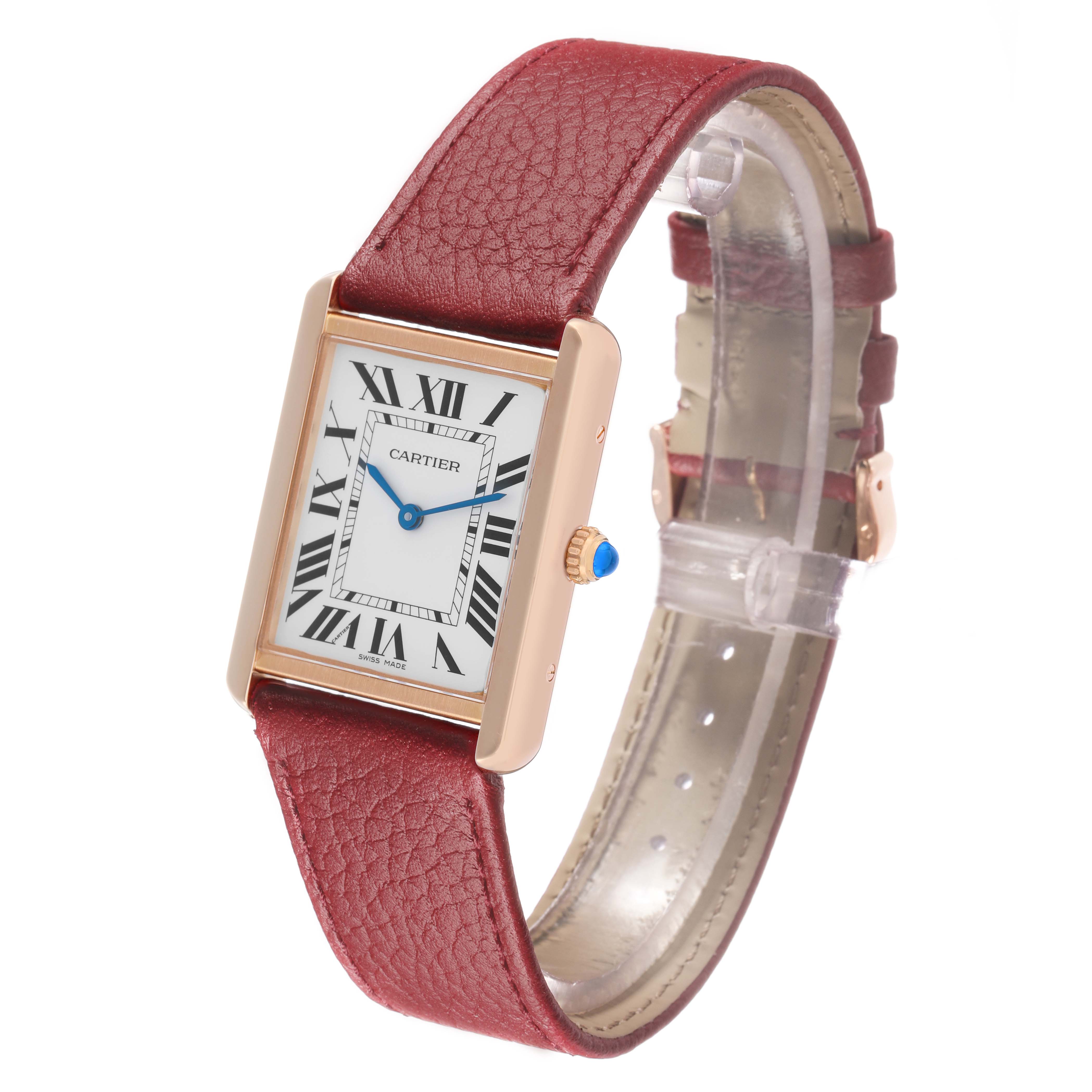The Cartier Tank Solo W5200025 Men's Rose Gold Silver Dial watch is shown at a slight side angle, displaying the face, leather strap, case, and crown.