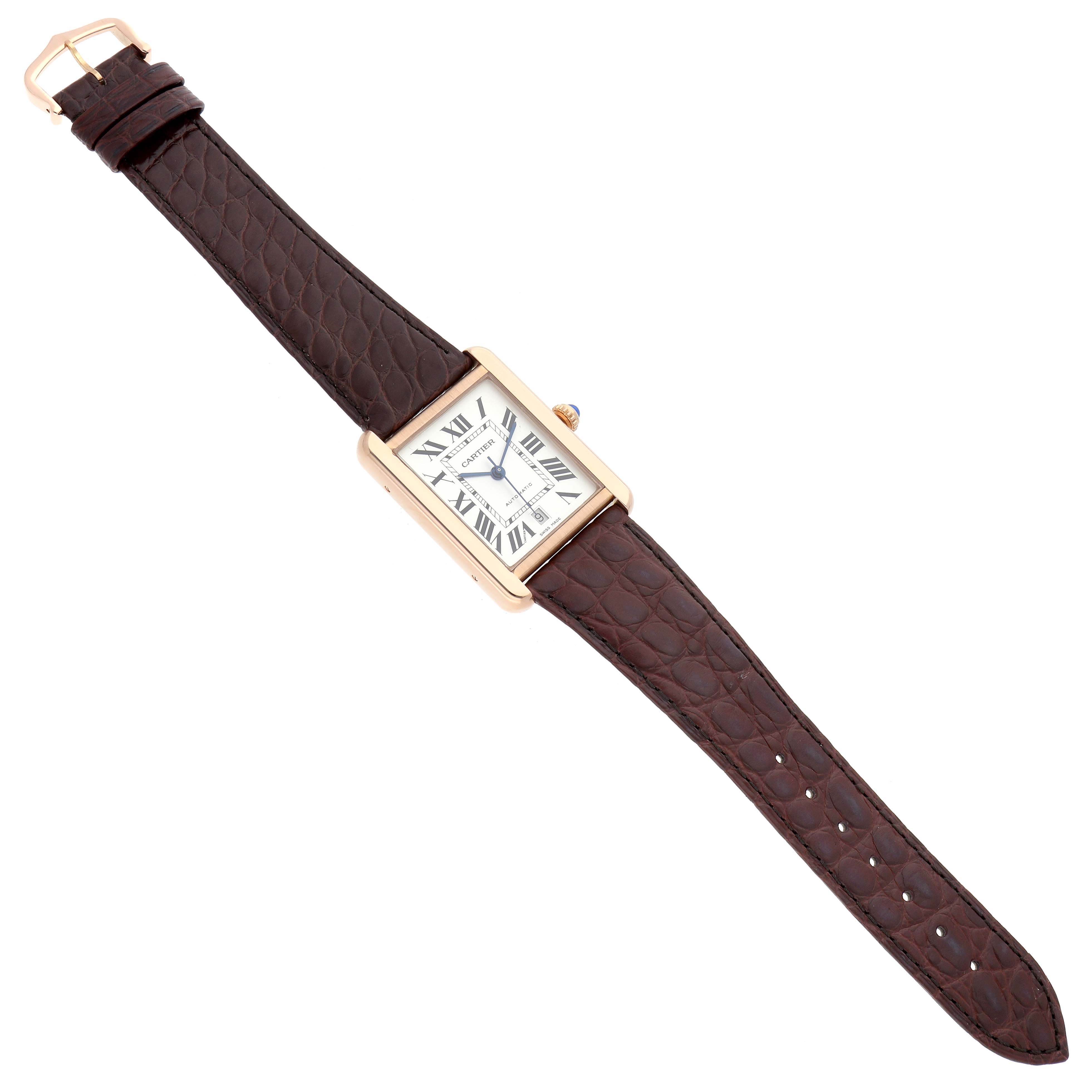 The Cartier Tank Solo W5200026 Men's Rose Gold Silver Dial watch is shown from an angled top view, highlighting the rectangular face, crown, and brown leather strap.