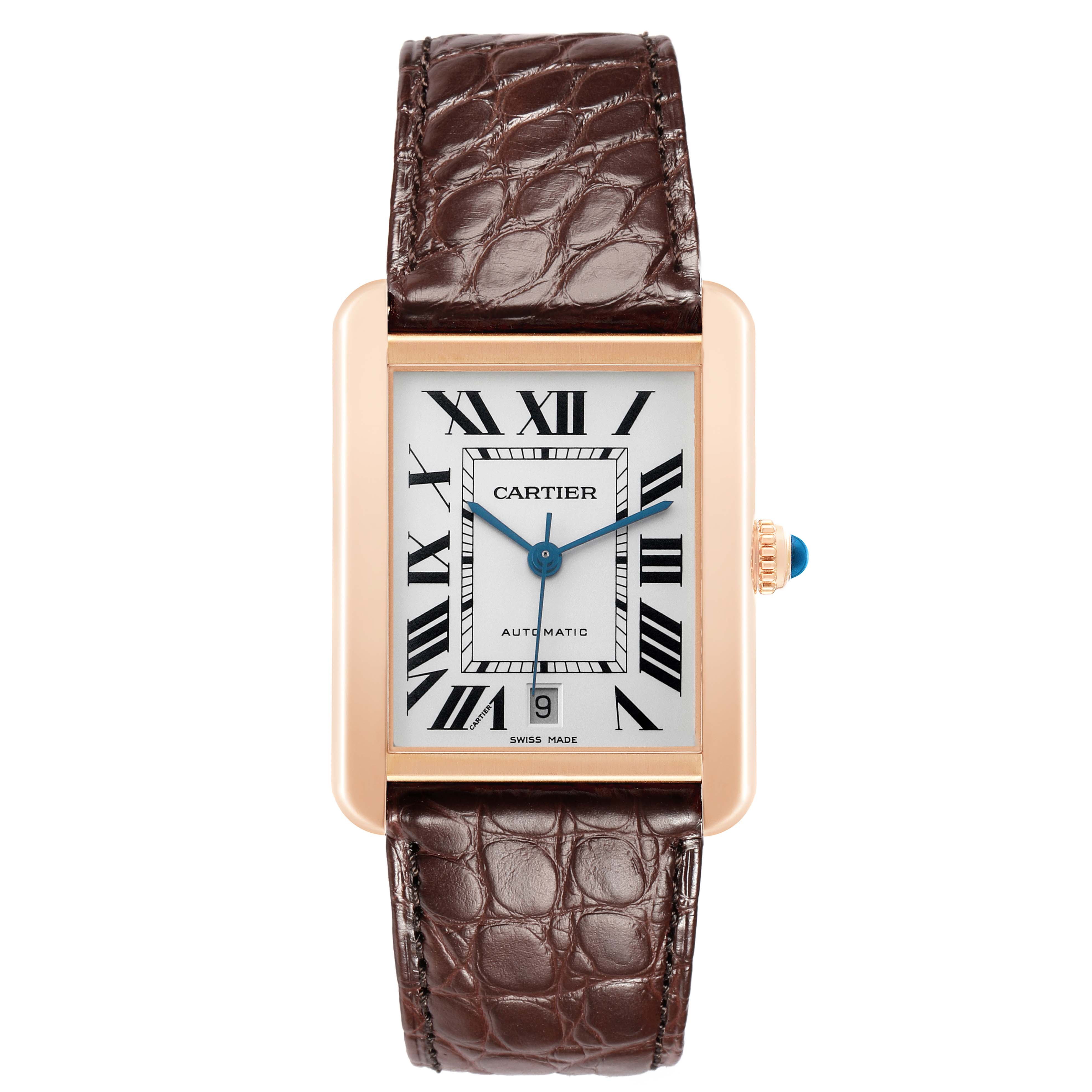 The Cartier Tank Solo W5200026 Men's Rose Gold Silver Dial watch is shown from the front, highlighting its dial, hands, crown, and leather strap.
