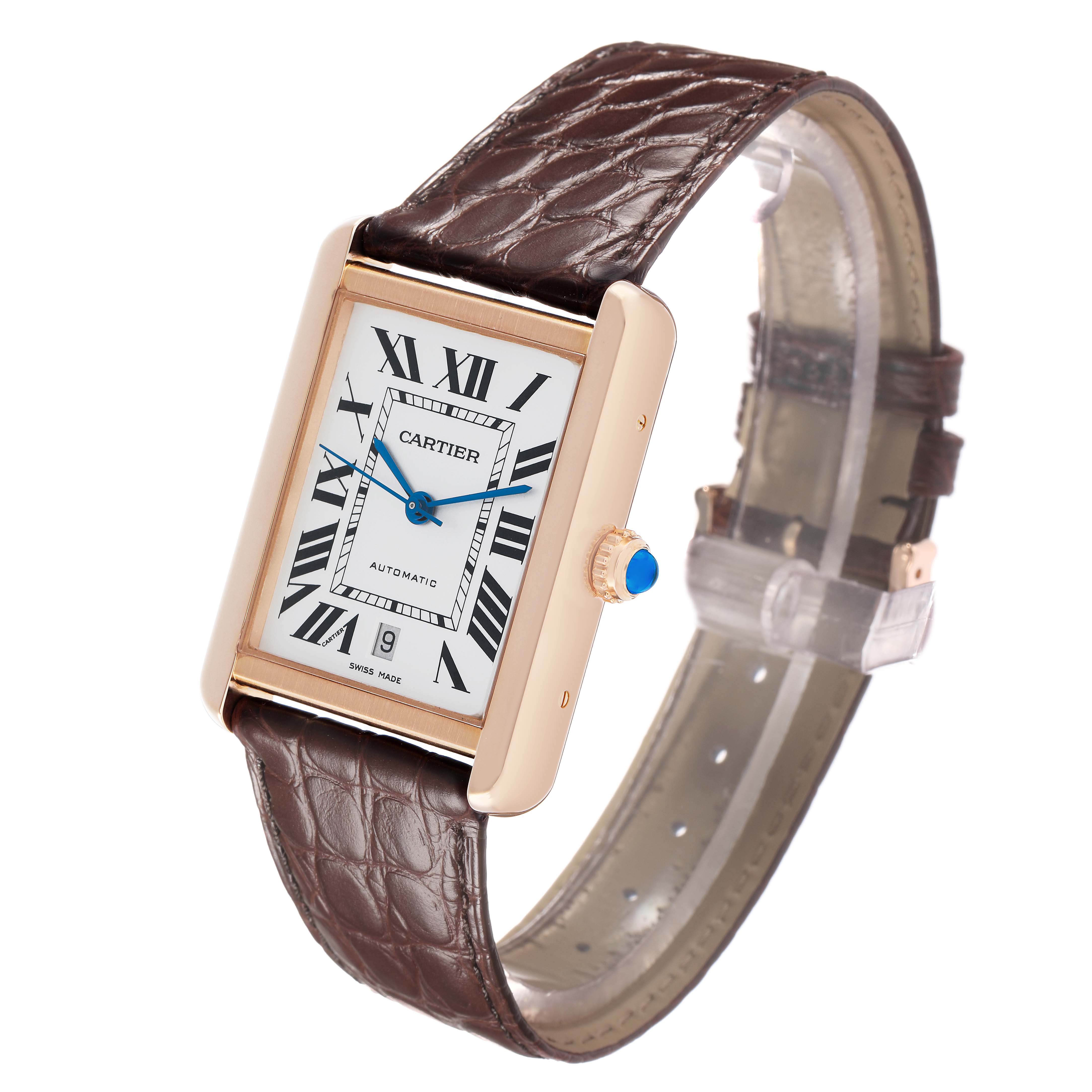 The Cartier Tank Solo W5200026 Men's Rose Gold Silver Dial watch is shown at a three-quarter angle, displaying the face, Roman numerals, blue hands, and brown leather strap.