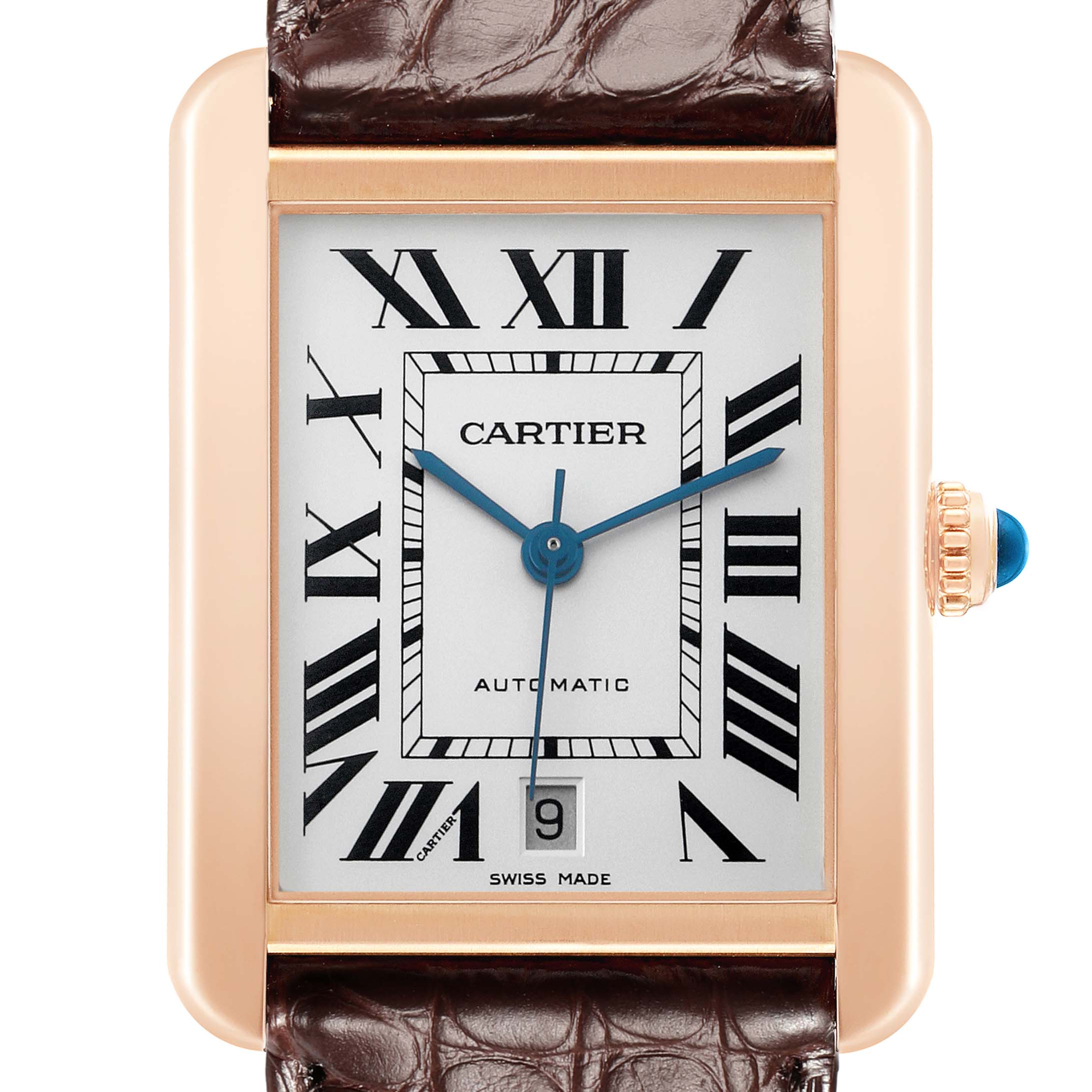 The Cartier Tank Solo W5200026 Men's Rose Gold Silver Dial watch is shown from the front, highlighting the face, Roman numerals, and leather strap.