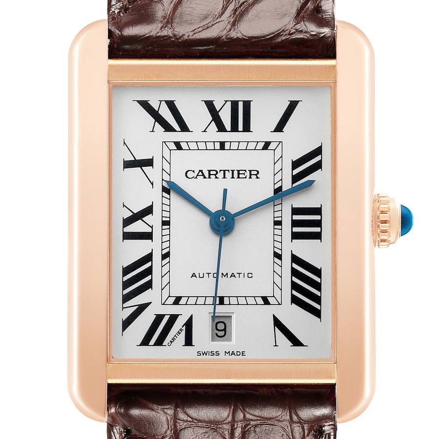 The Cartier Tank Solo W5200026 Men's Rose Gold Silver Dial watch is shown from the front, highlighting the face, Roman numerals, and leather strap.