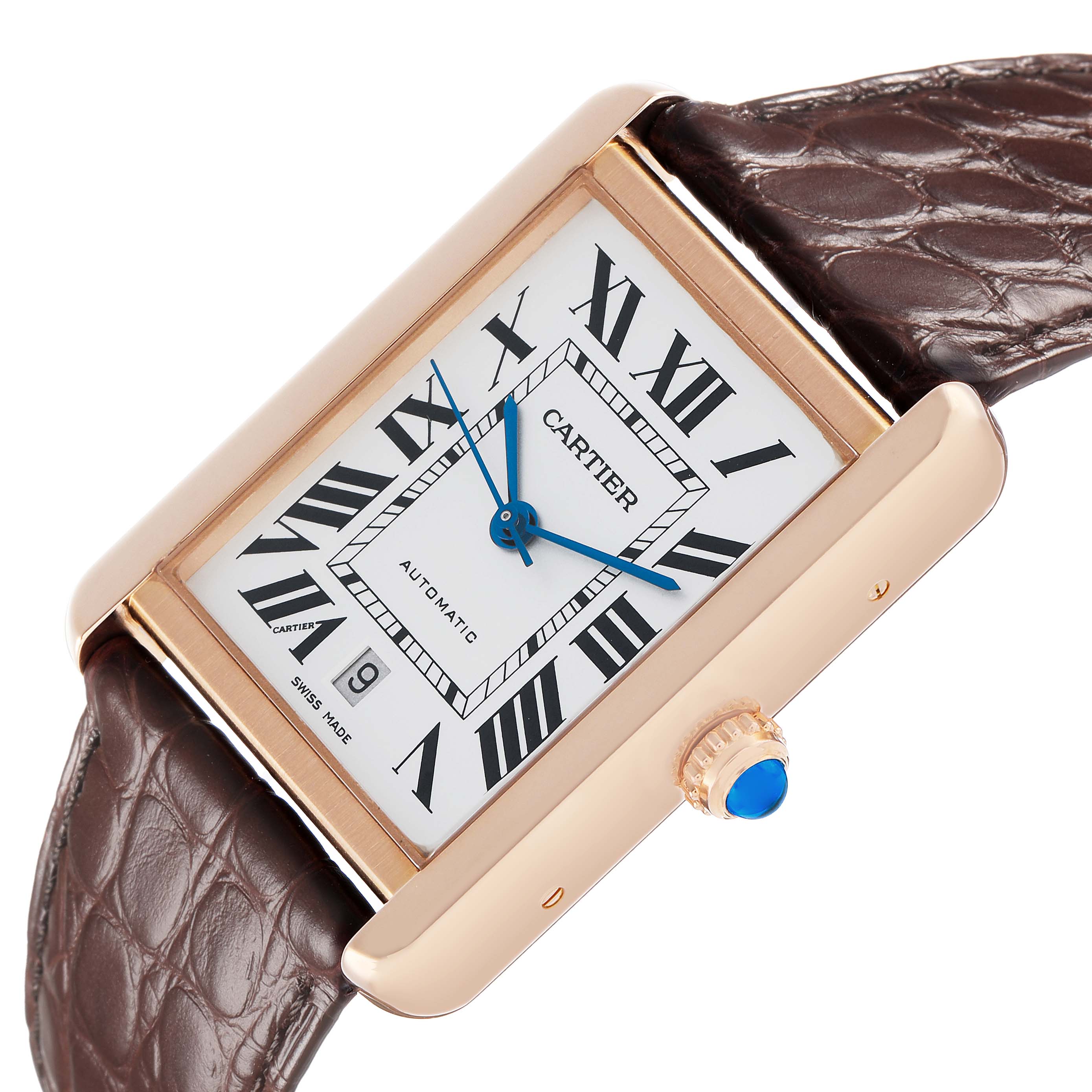 The Cartier Tank Solo W5200026 Men's Rose Gold Silver Dial watch is shown at a tilted angle, featuring its rectangular face, Roman numerals, leather strap, and crown with a blue cabochon.