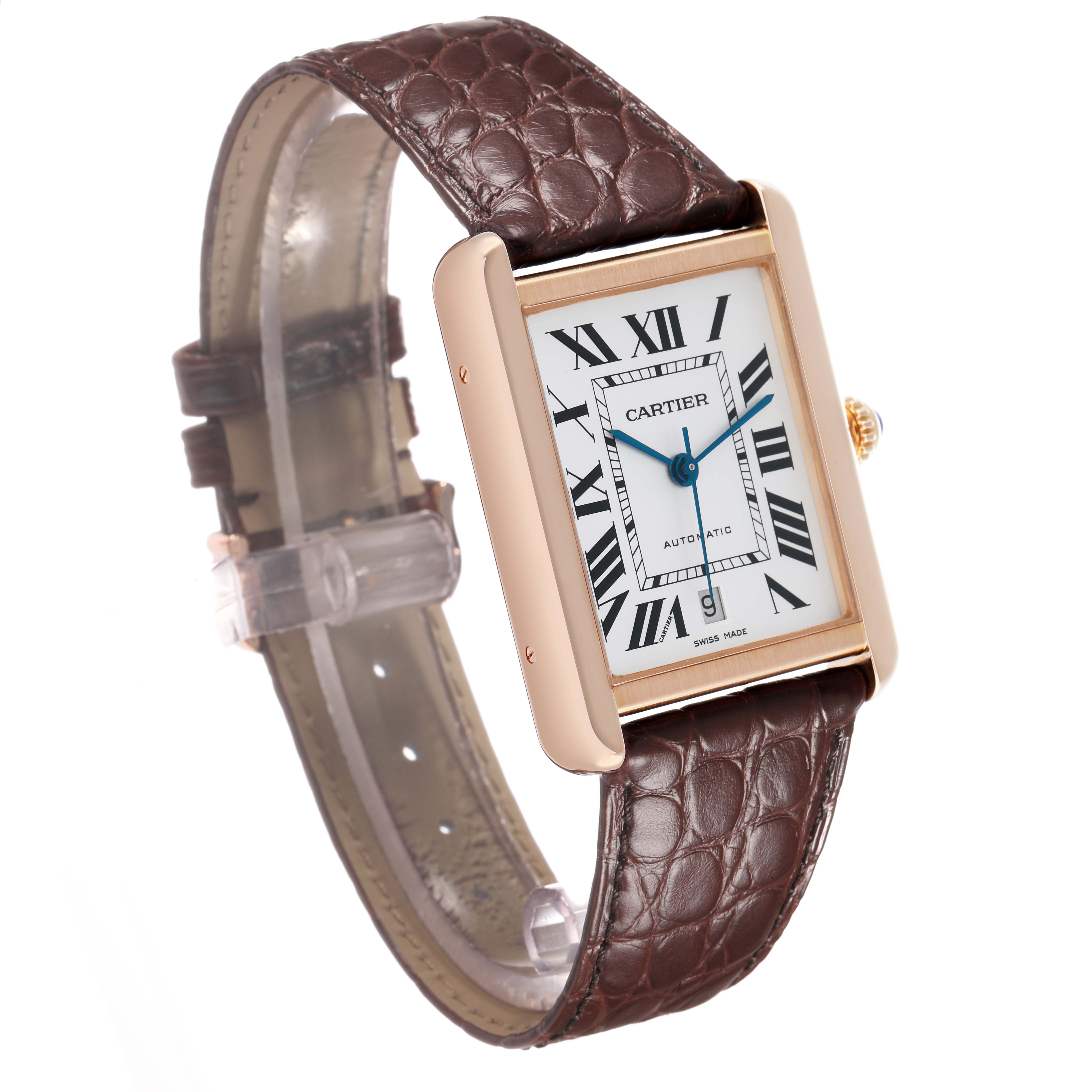 The Cartier Tank Solo W5200026 Men's Rose Gold Silver Dial watch is shown at an oblique angle, highlighting the rectangular face, gold casing, and brown leather strap.