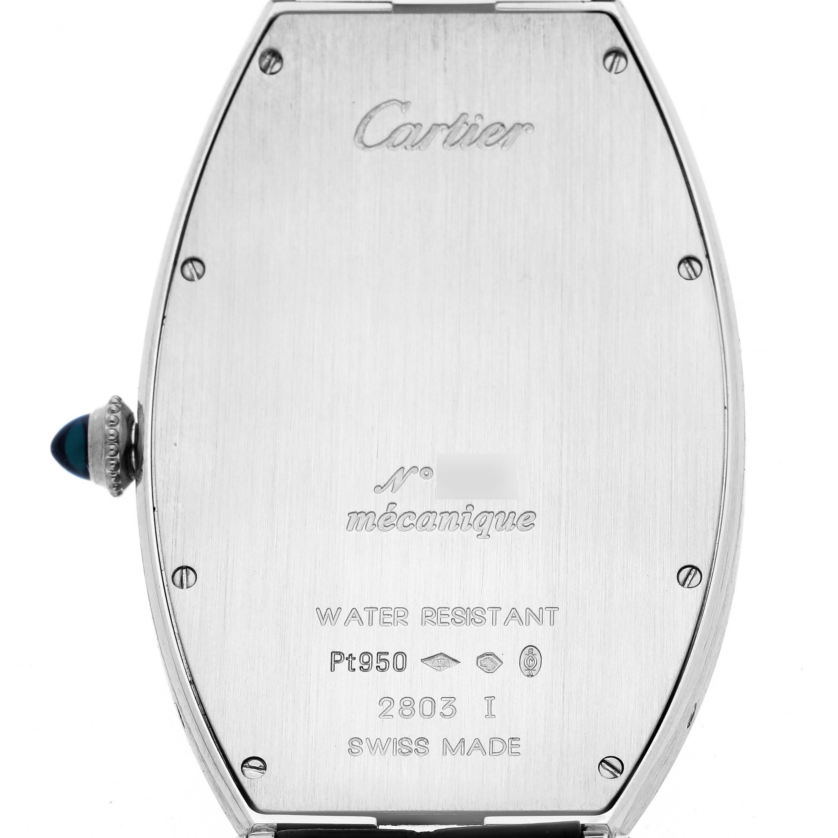The image shows the back of a Cartier Tonneau W1546351 Men's Platinum Silver Dial W1546351 Men's Platinum Silver Dial watch, highlighting the caseback and the crown on the side.