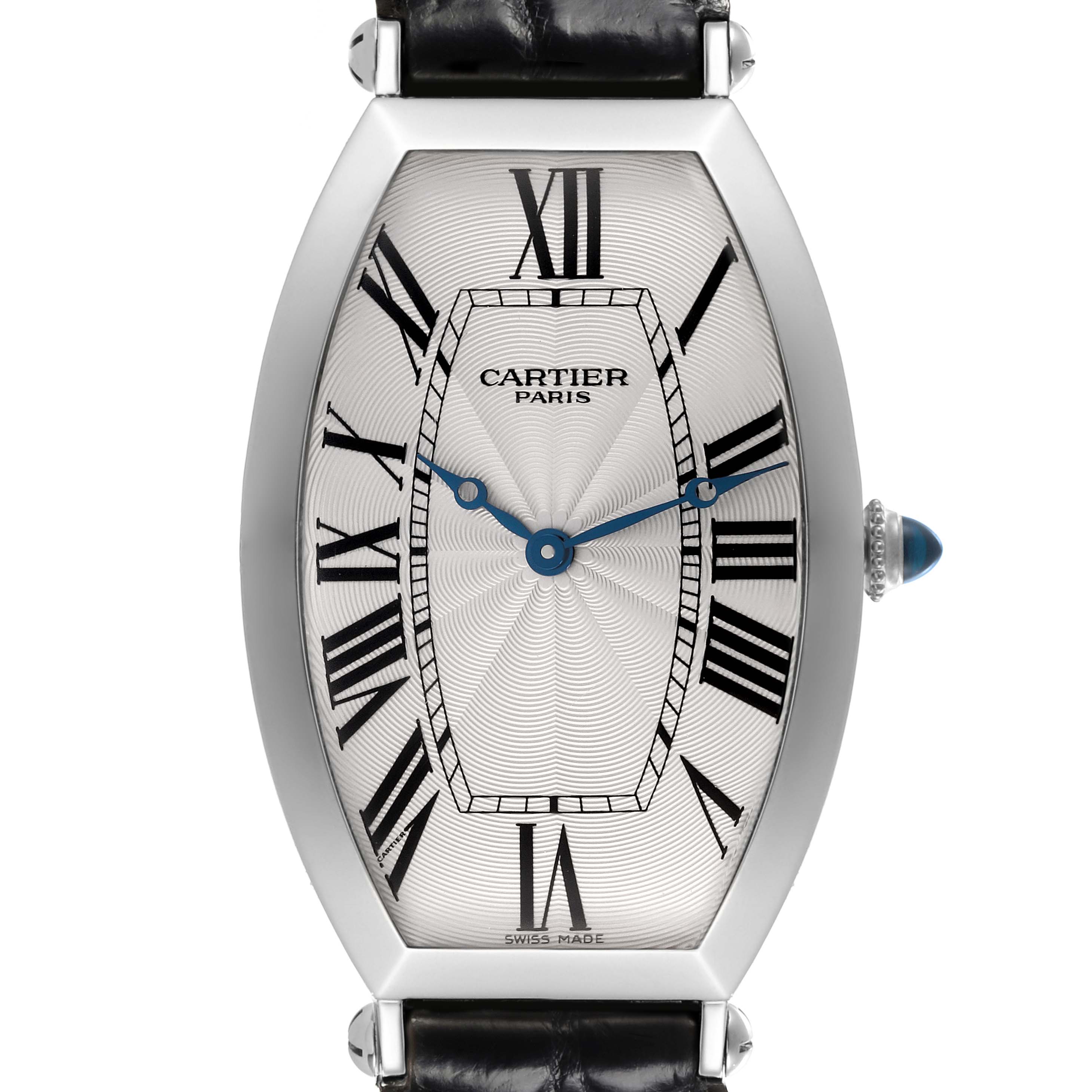 The Cartier Tonneau W1546351 Men's Platinum Silver Dial W1546351 Men's Platinum Silver Dial watch is shown from the front, highlighting its elongated case, Roman numerals, and blue hands.