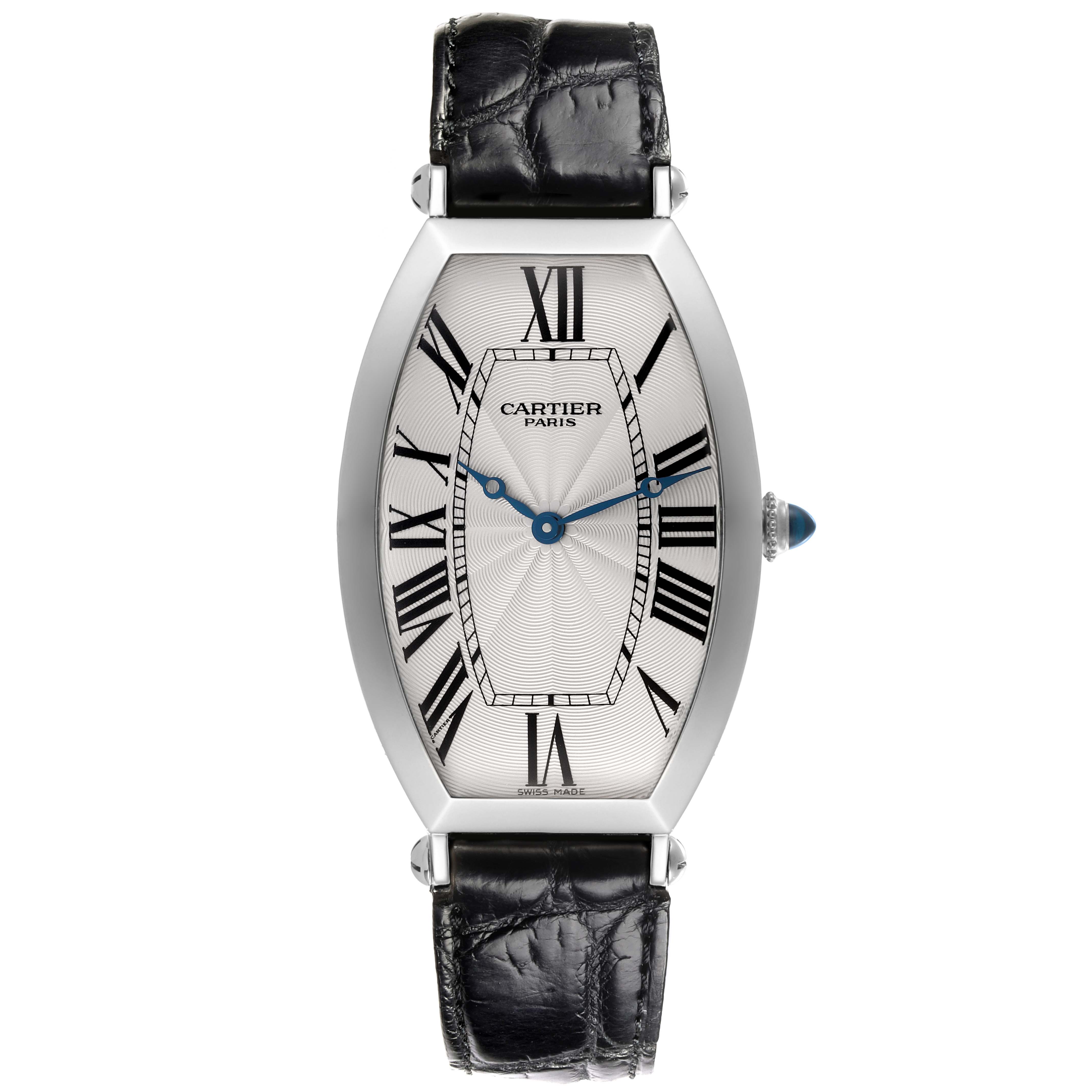 The Cartier Tonneau W1546351 Men's Platinum Silver Dial W1546351 Men's Platinum Silver Dial watch is shown from a front angle, highlighting the dial, case, and strap.