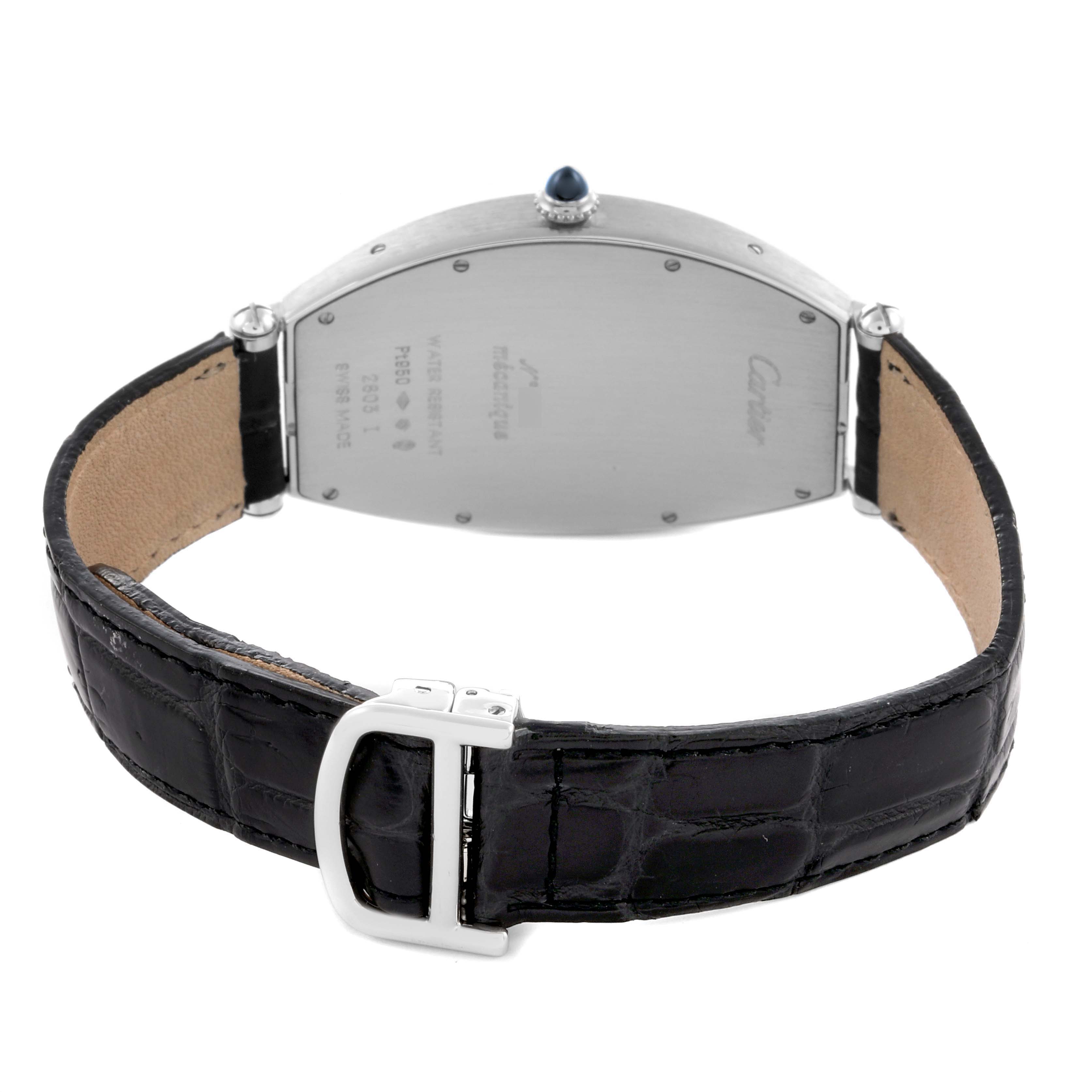 The Cartier Tonneau W1546351 Men's Platinum Silver Dial W1546351 Men's Platinum Silver Dial watch is shown from the back, displaying the case back, strap, and buckle.