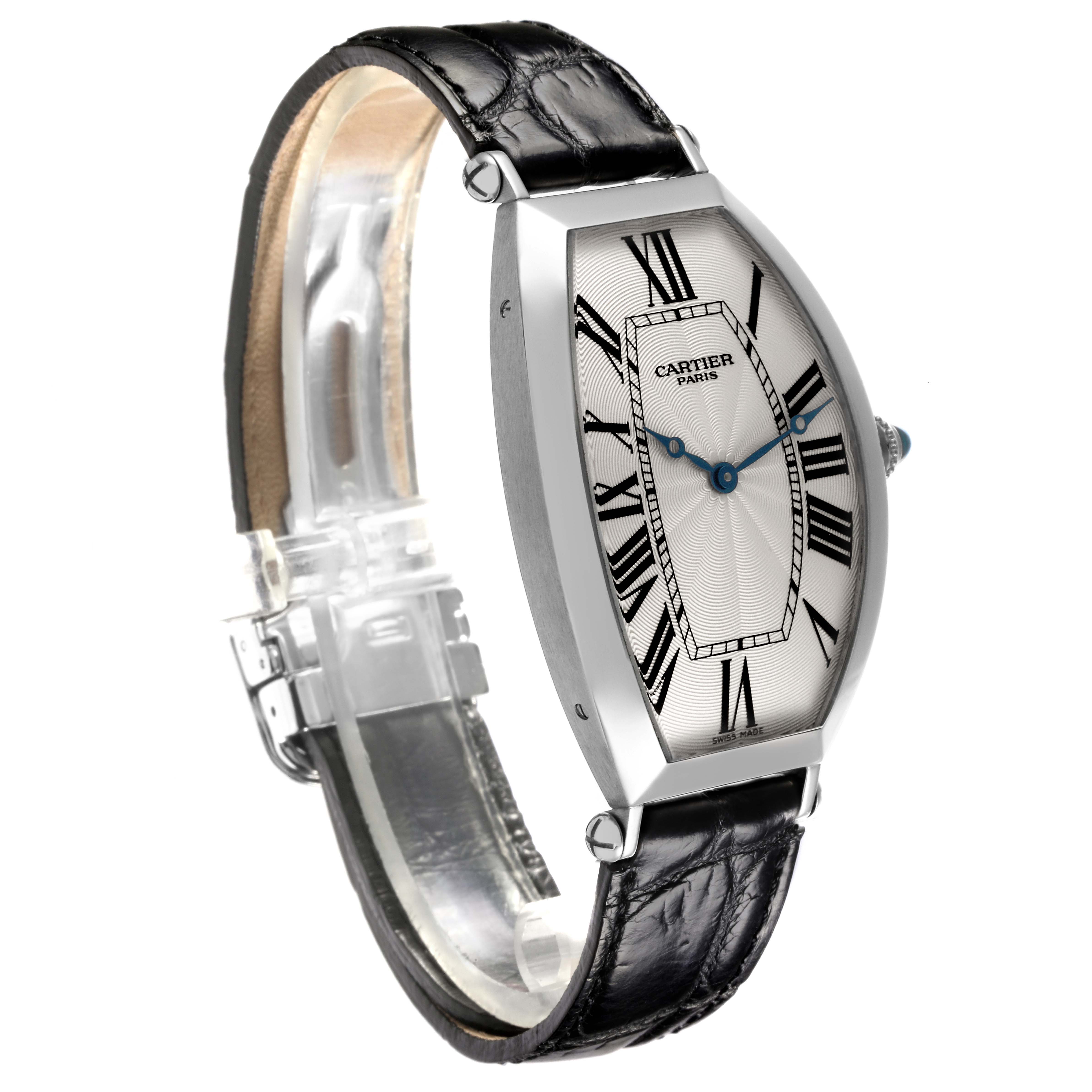 The Cartier Tonneau W1546351 Men's Platinum Silver Dial W1546351 Men's Platinum Silver Dial watch is shown at a side angle, featuring the dial, case, strap, and buckle.