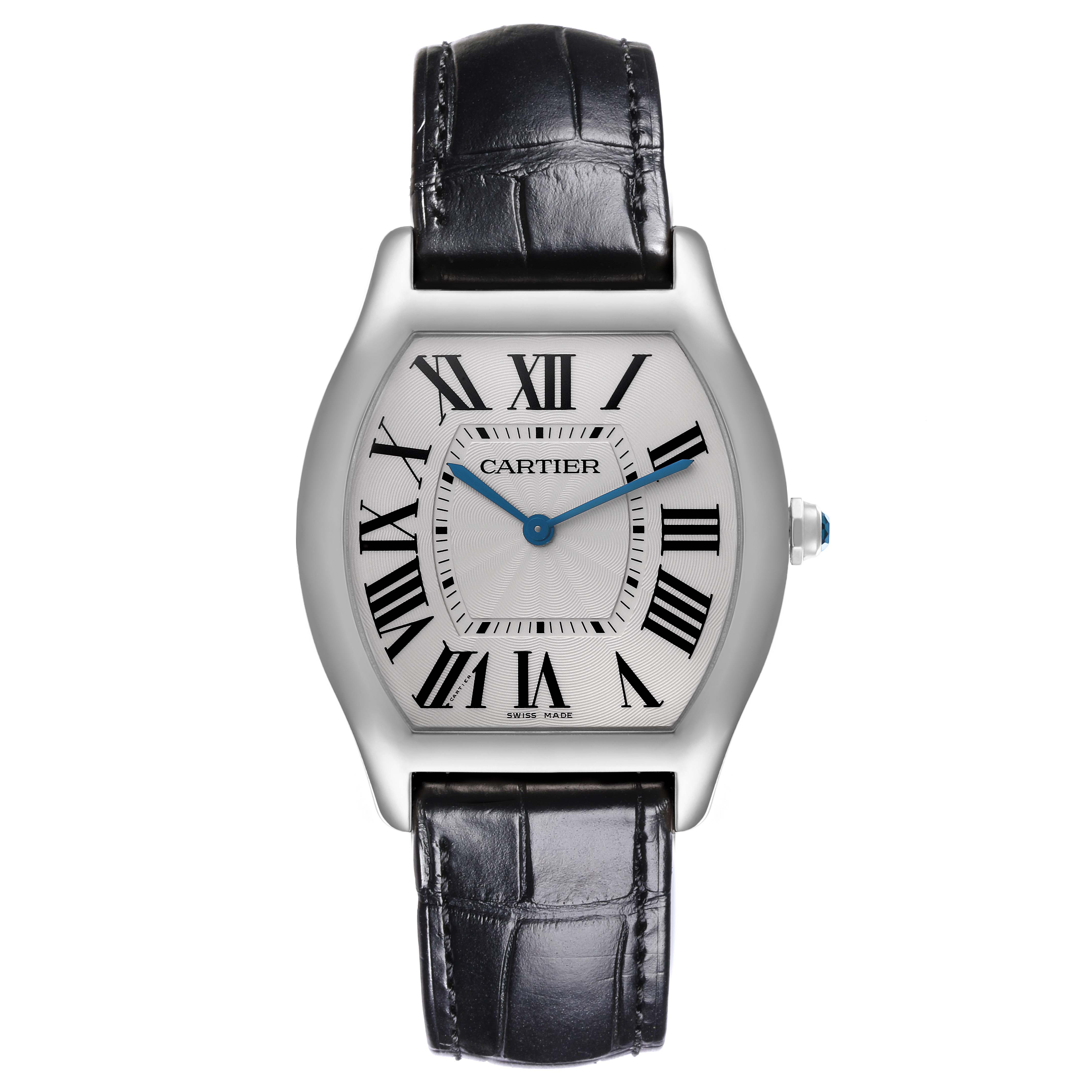 The Cartier Tortue WGTO0003 Men's White Gold Silver Dial WGTO0003 Men's White Gold Silver Dial watch is shown from the front, displaying its dial, case, crown, and black leather strap.
