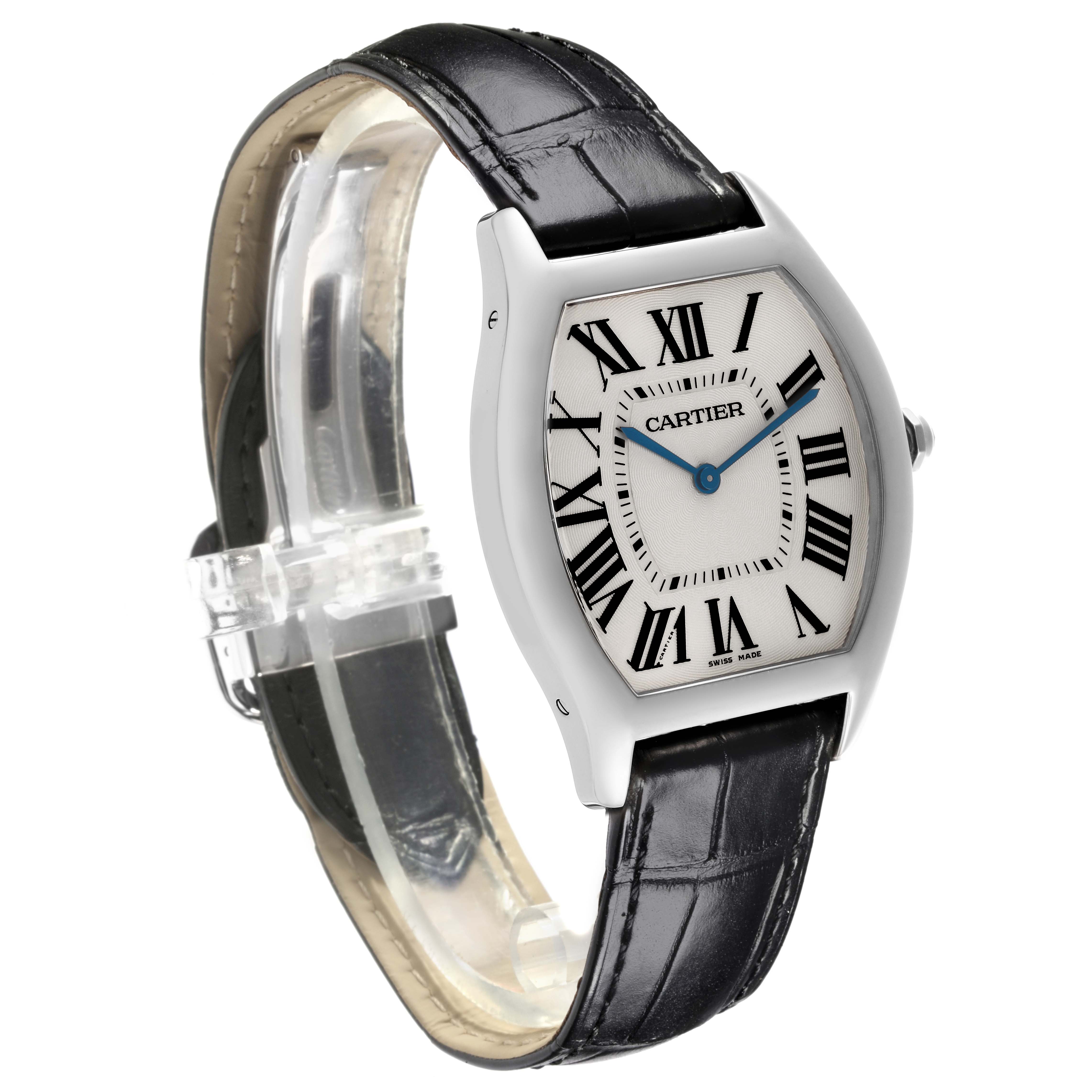 The Cartier Tortue WGTO0003 Men's White Gold Silver Dial WGTO0003 Men's White Gold Silver Dial watch is shown at a front angle, displaying the dial, case, and partially the leather strap.