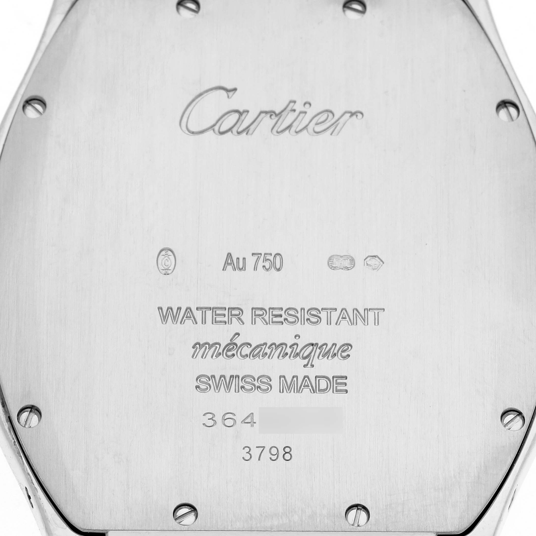 The image shows the case back of the Cartier Tortue WGTO0003 Men's White Gold Silver Dial WGTO0003 Men's White Gold Silver Dial watch with engravings and hallmark details.