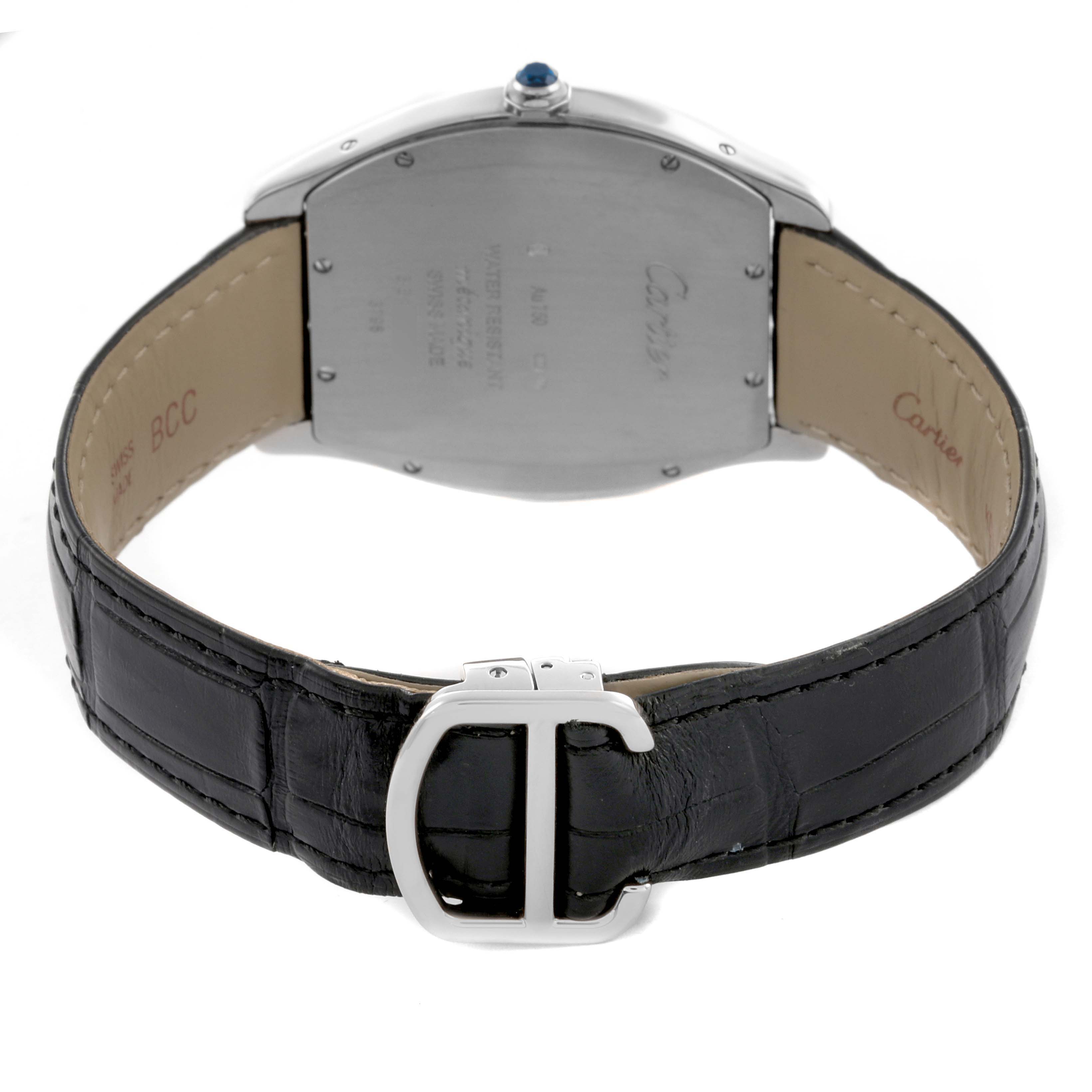 The image shows the back view of a Cartier Tortue WGTO0003 Men's White Gold Silver Dial WGTO0003 Men's White Gold Silver Dial watch, highlighting the case back and leather strap with a buckle.