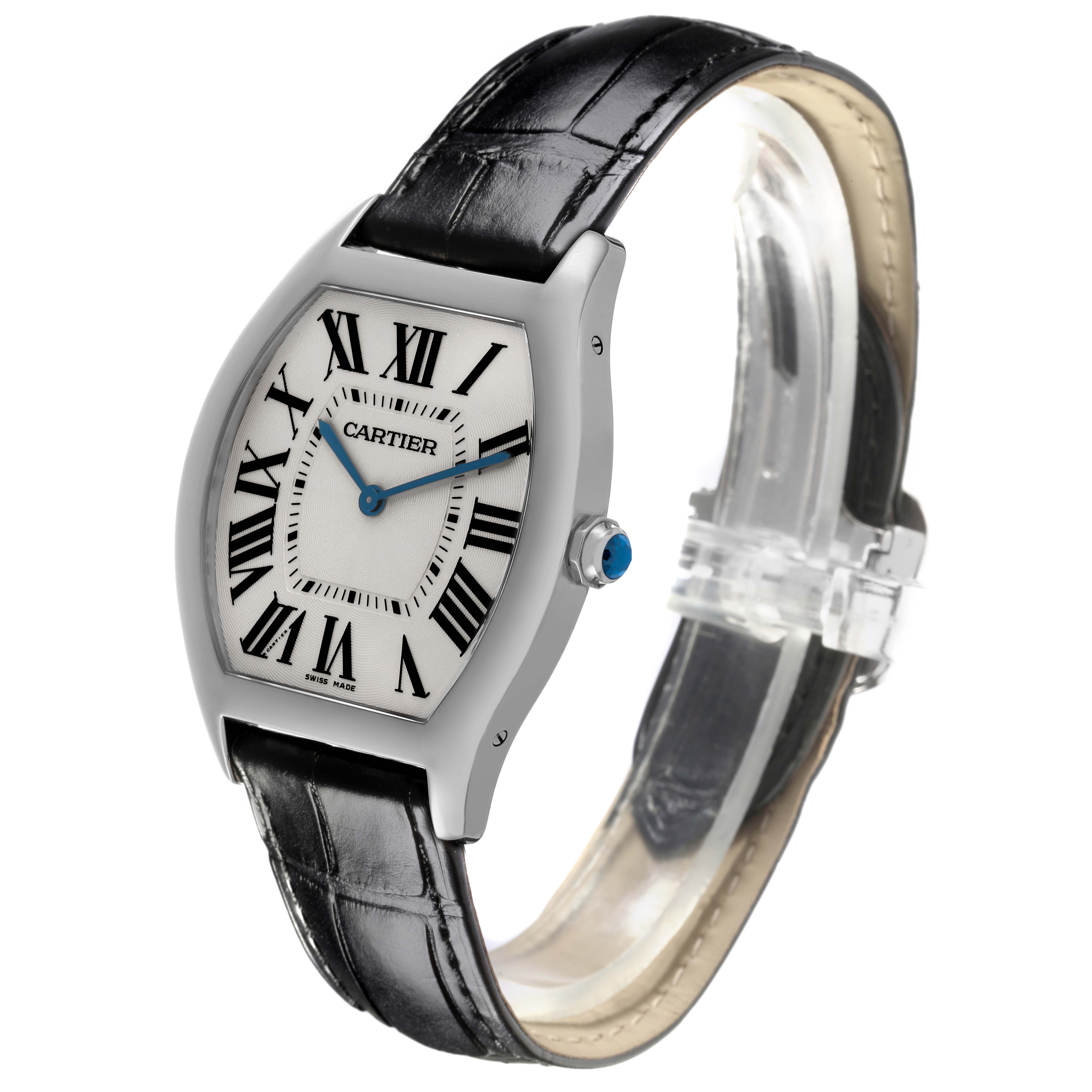 The Cartier Tortue WGTO0003 Men's White Gold Silver Dial WGTO0003 Men's White Gold Silver Dial watch is shown at a slight side angle, displaying the face, crown, and leather strap.