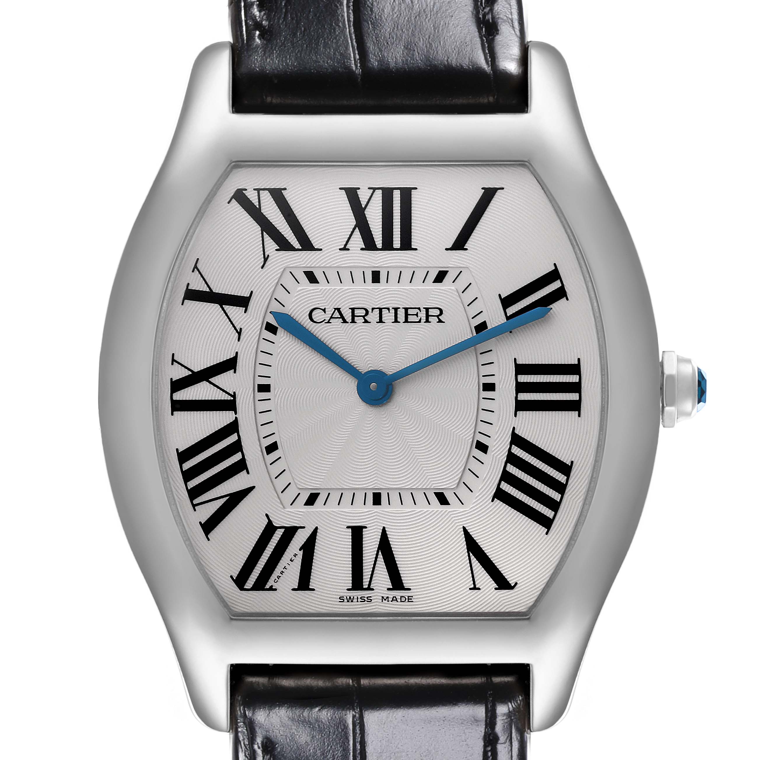 The Cartier Tortue WGTO0003 Men's White Gold Silver Dial WGTO0003 Men's White Gold Silver Dial watch is shown from the front, highlighting the dial, Roman numerals, and blue hands.