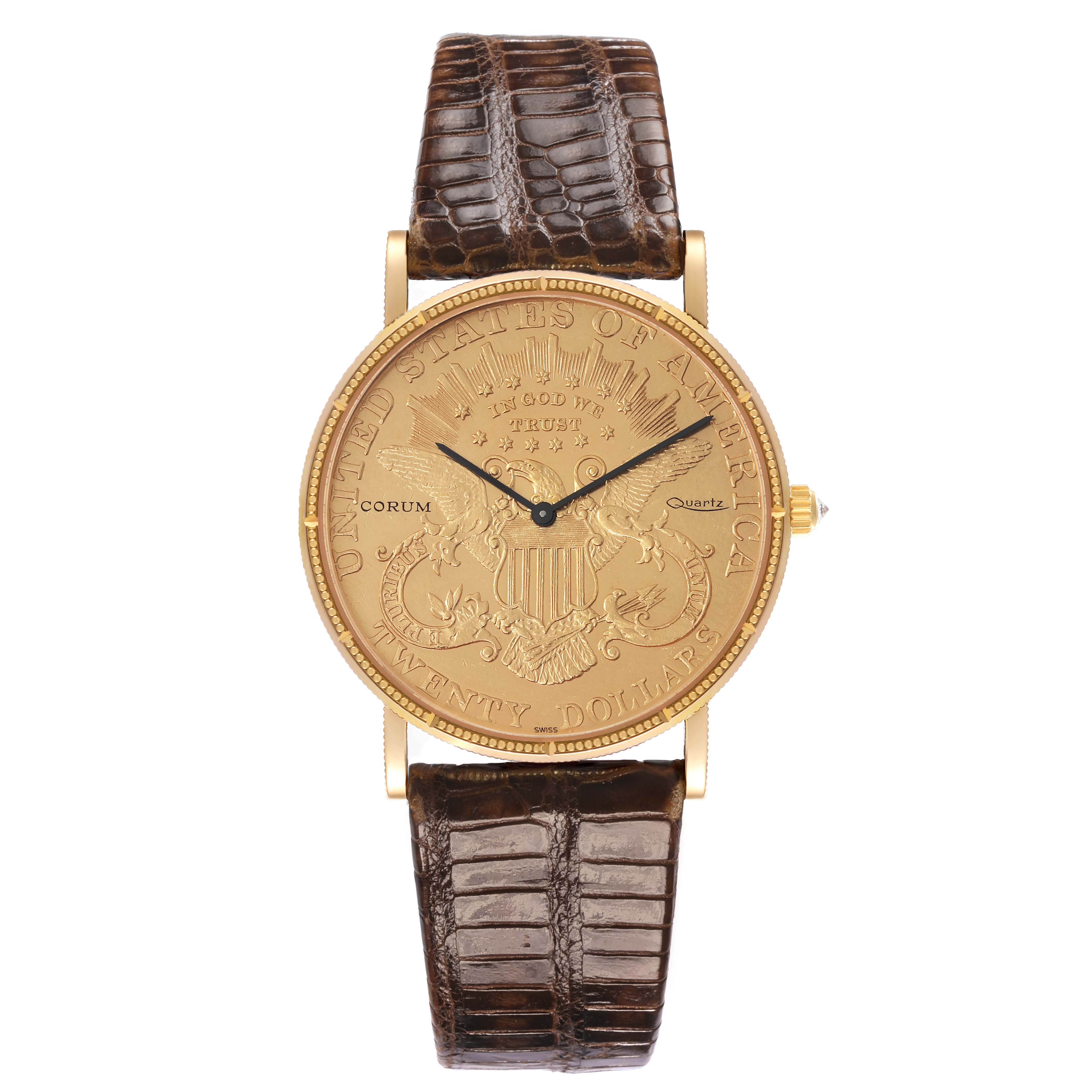 The Corum Coin Watch 1900 Men's Yellow Gold Champagne Dial 1900 Men's Yellow Gold Champagne Dial is shown from a front angle, displaying its detailed coin dial and leather strap.