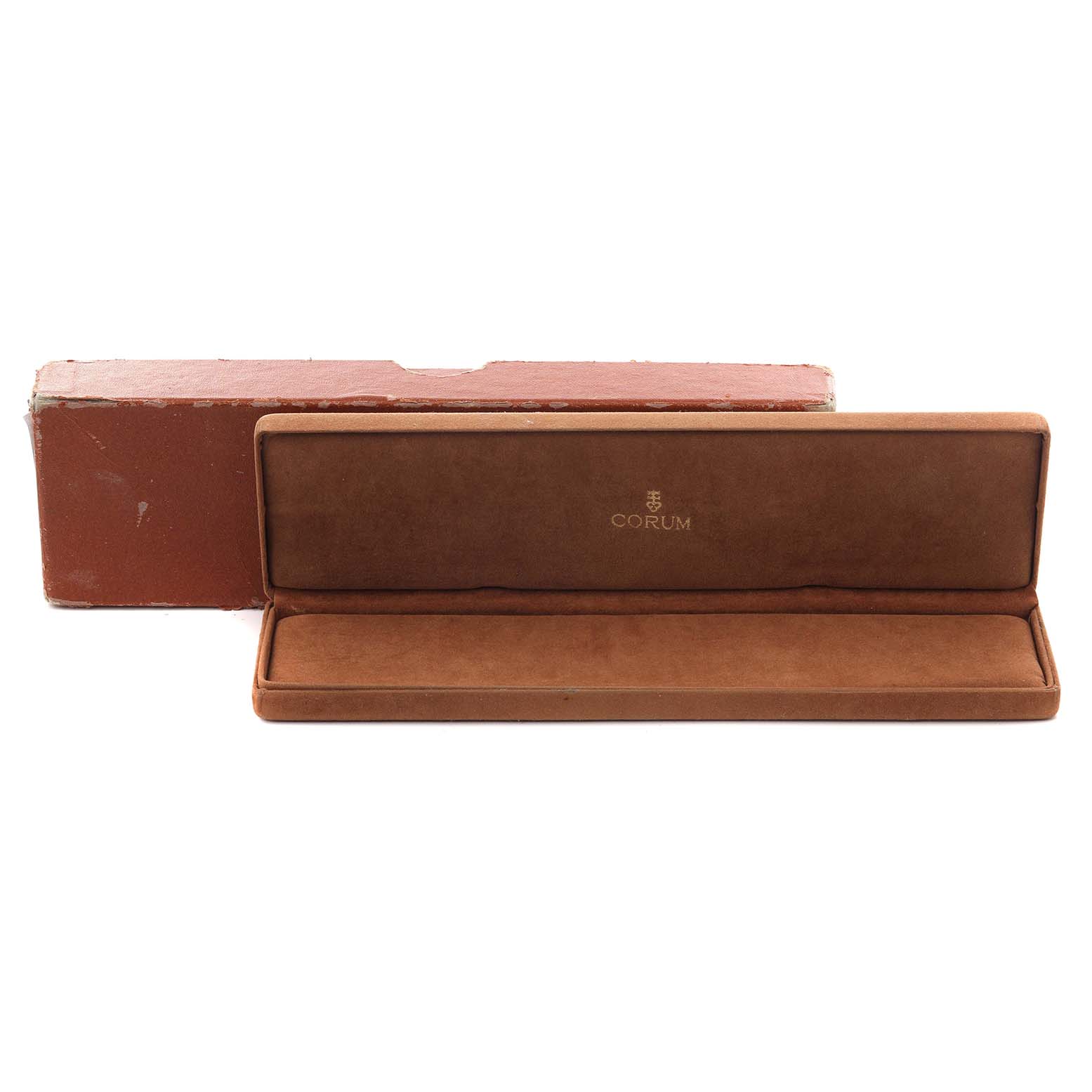 The image shows a Corum Coin Watch 1900 Men's Yellow Gold Champagne Dial 1900 Men's Yellow Gold Champagne Dial box and outer packaging from a straight-on angle.