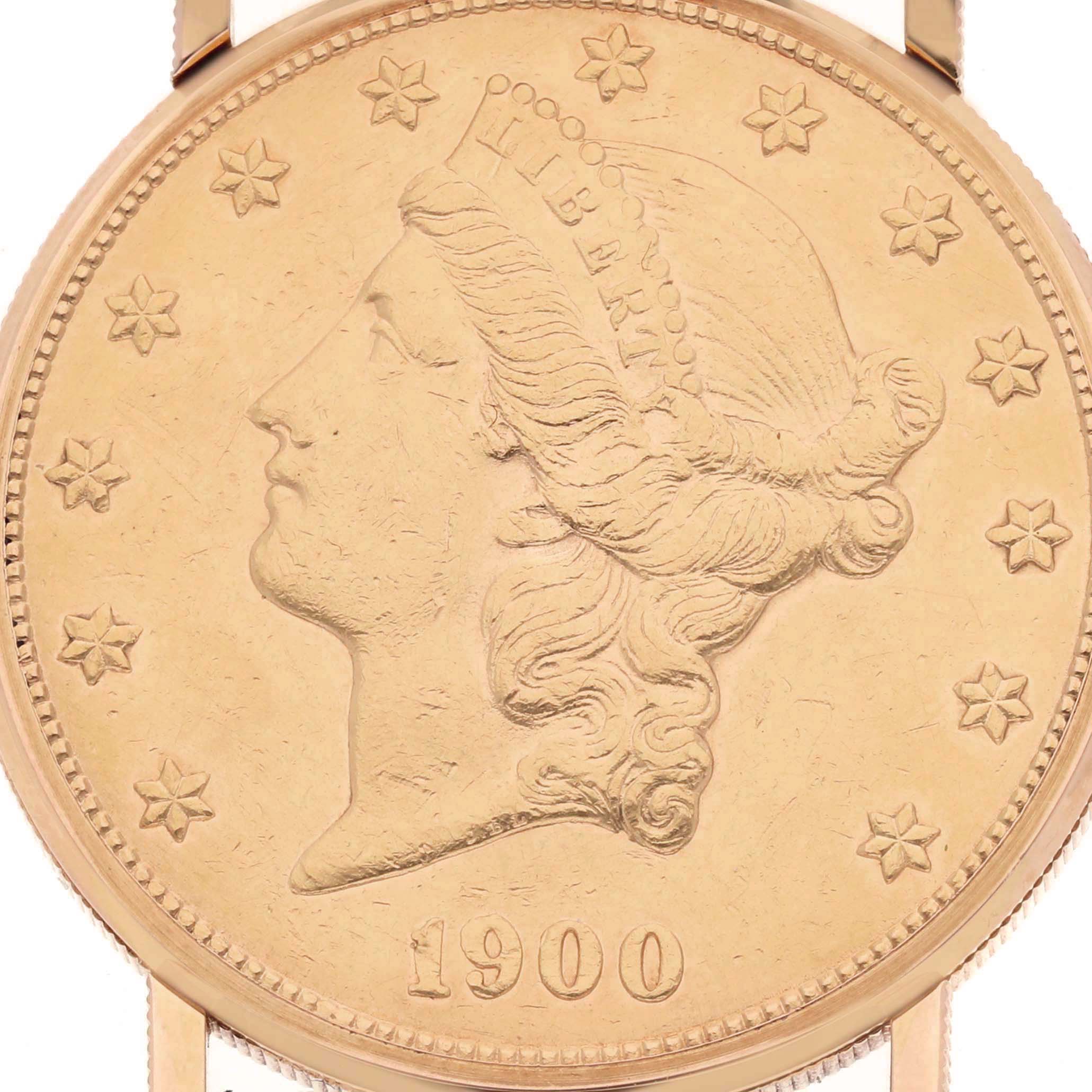 The image shows a close-up front view of the dial of a Corum Coin Watch 1900 Men's Yellow Gold Champagne Dial 1900 Men's Yellow Gold Champagne Dial, featuring a 1900 coin design.