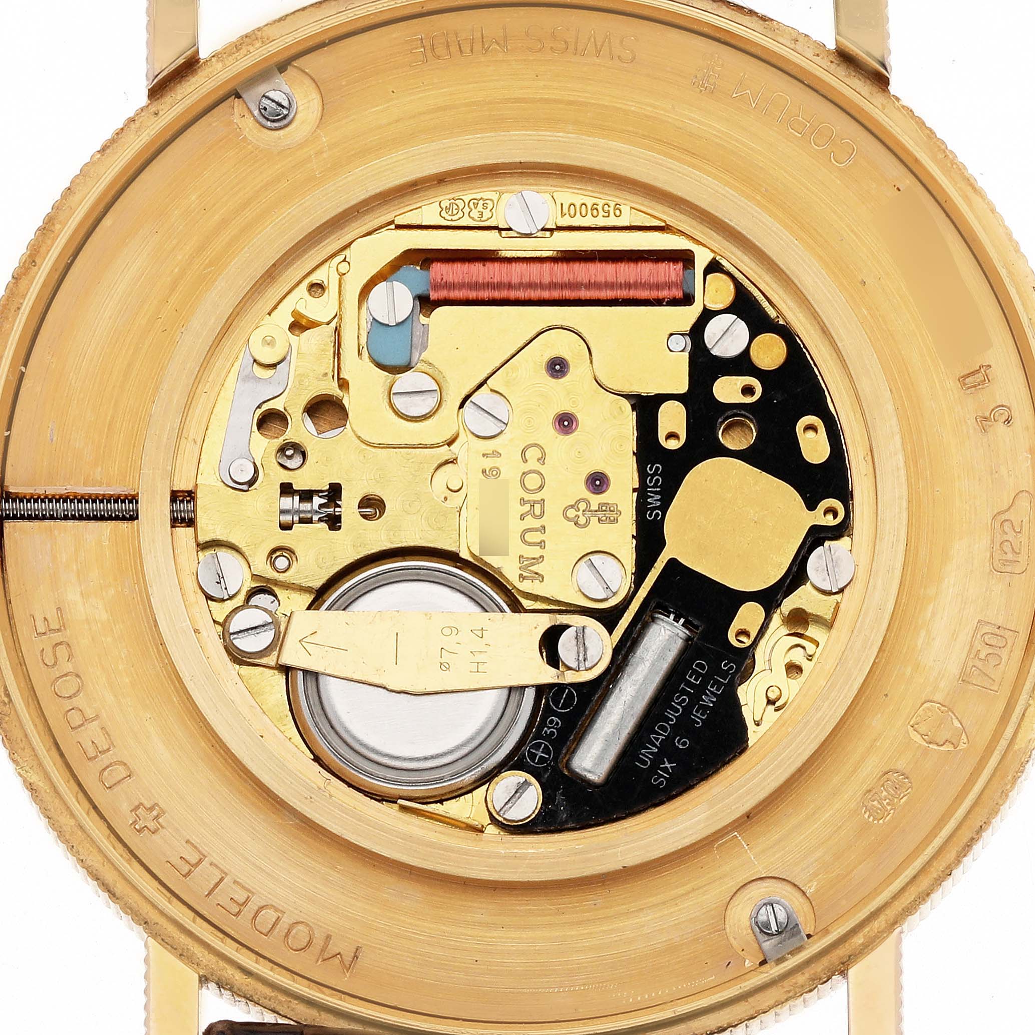 The image shows the back view of the Corum Coin Watch 1900 Men's Yellow Gold Champagne Dial 1900 Men's Yellow Gold Champagne Dial, highlighting its internal movement and components.