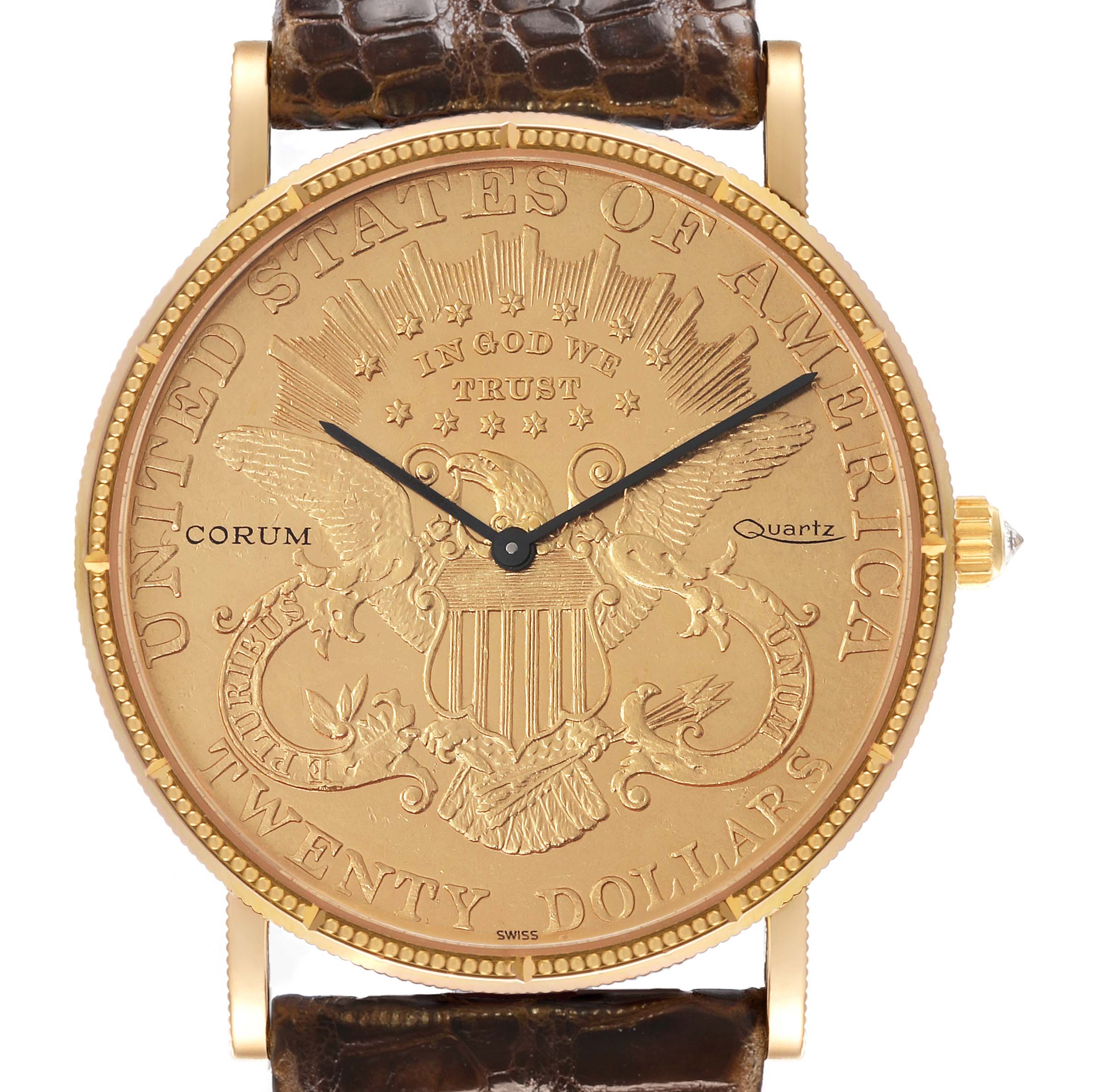 The Corum Coin Watch 1900 Men's Yellow Gold Champagne Dial 1900 Men's Yellow Gold Champagne Dial is shown front-facing, highlighting its coin-style dial with engraved details and brown leather strap.