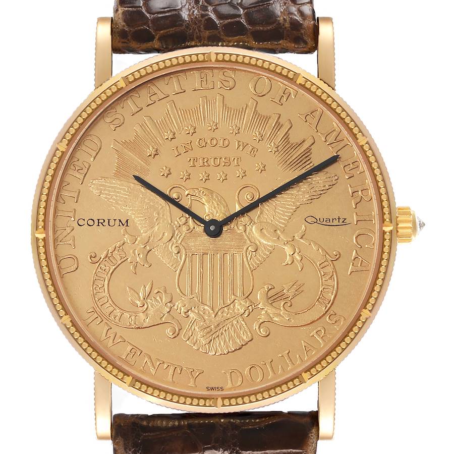 The Corum Coin Watch is shown front-facing, highlighting its coin-style dial with engraved details and brown leather strap.