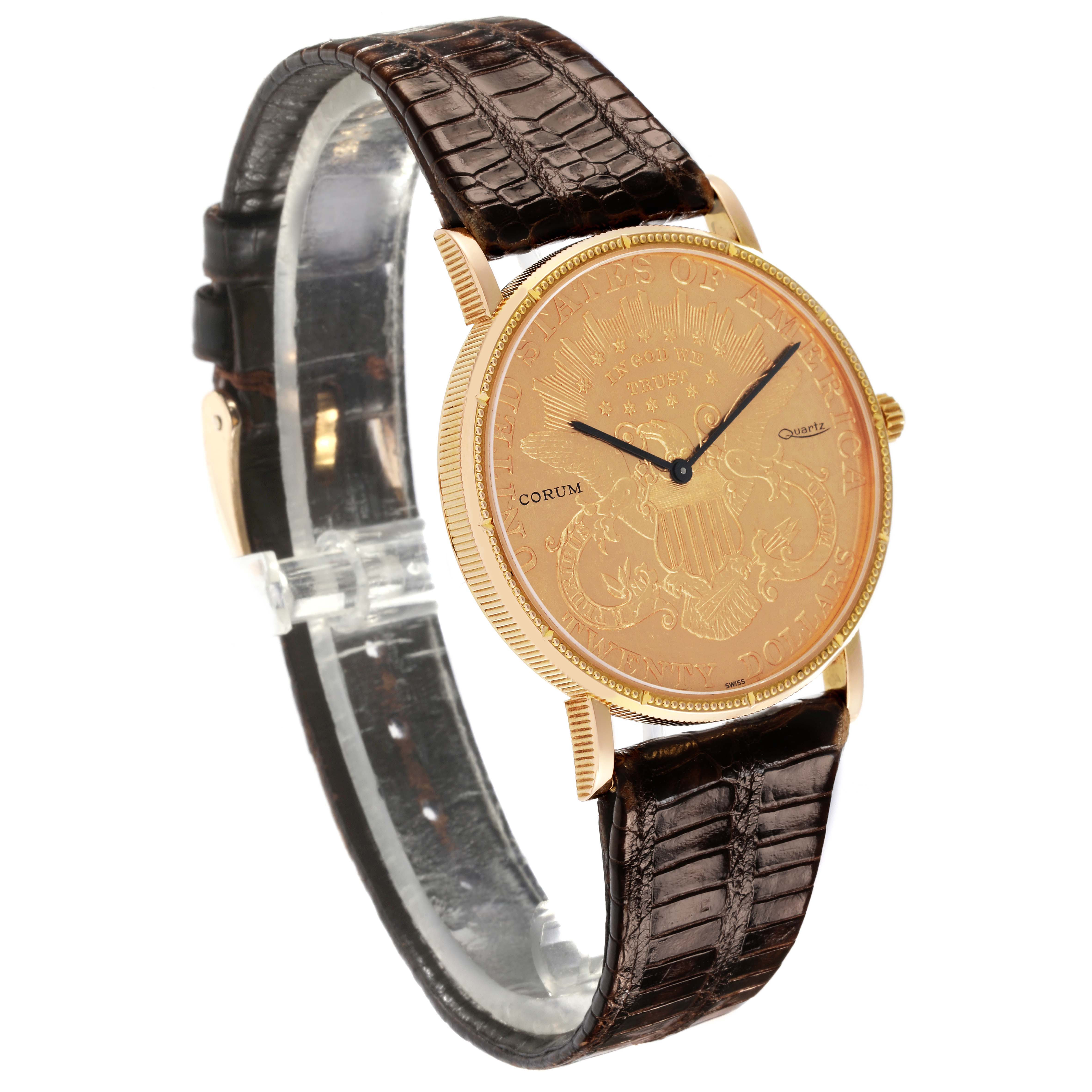 The Corum Coin Watch 1900 Men's Yellow Gold Champagne Dial 1900 Men's Yellow Gold Champagne Dial model is shown at a side angle, highlighting the gold coin dial and brown leather strap.