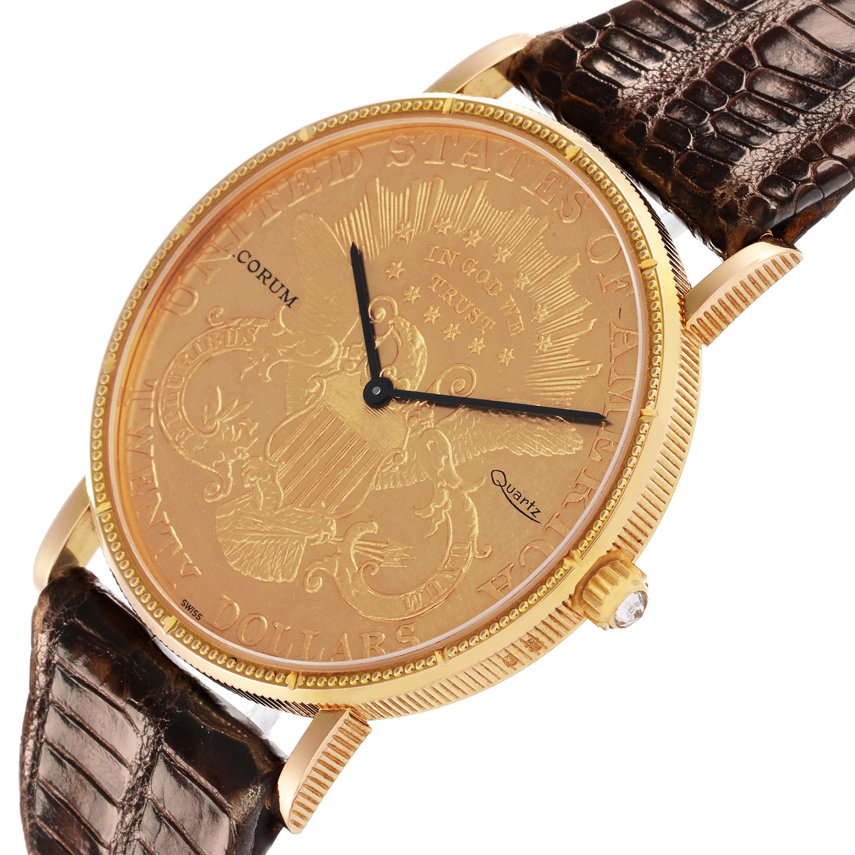 The image shows a Corum Coin Watch 1900 Men's Yellow Gold Champagne Dial 1900 Men's Yellow Gold Champagne Dial model at a slight angle, highlighting the gold coin face, black hands, and brown leather strap.