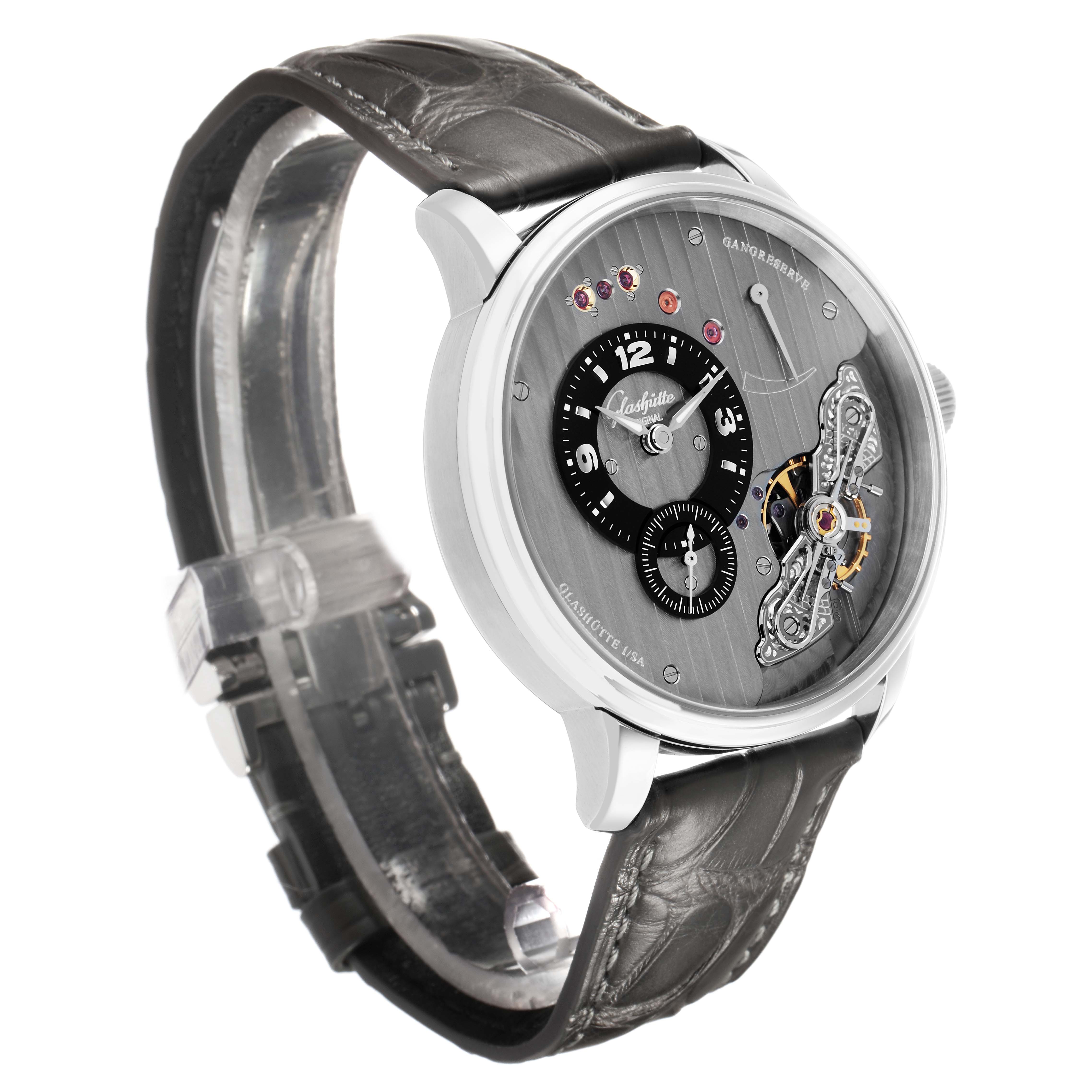 The Glashütte Original model watch is shown at a three-quarter angle, highlighting the dial, hands, and strap with a leather finish.