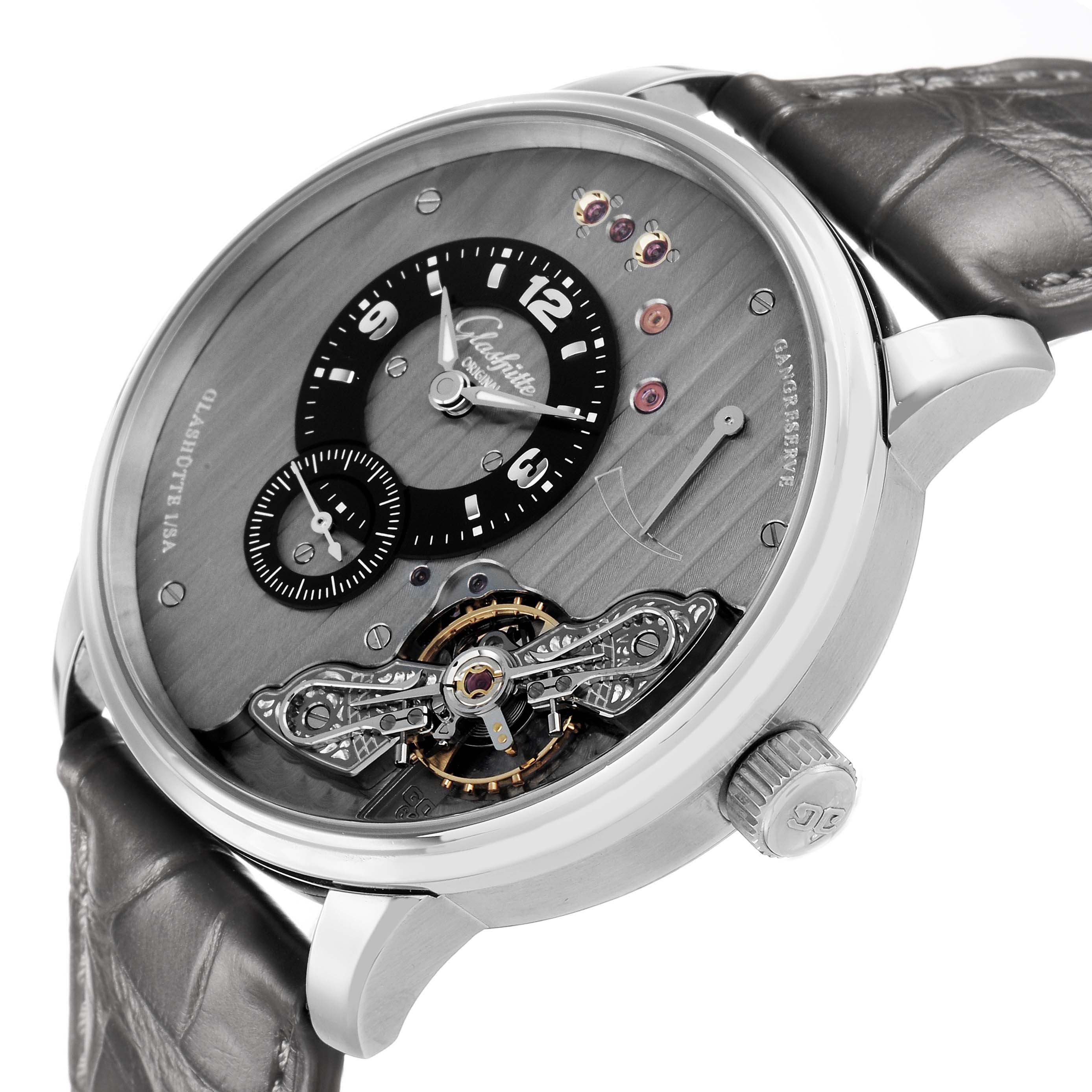 The Glashütte Original model watch is shown at a slight side angle, highlighting the dial, crown, and leather strap.