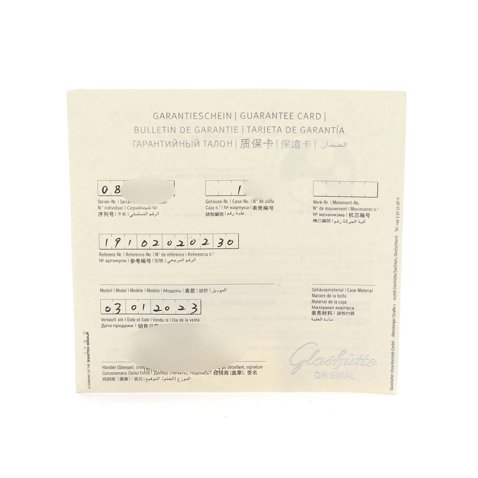 The image shows a Glashütte Original guarantee card with warranty details and serial numbers.