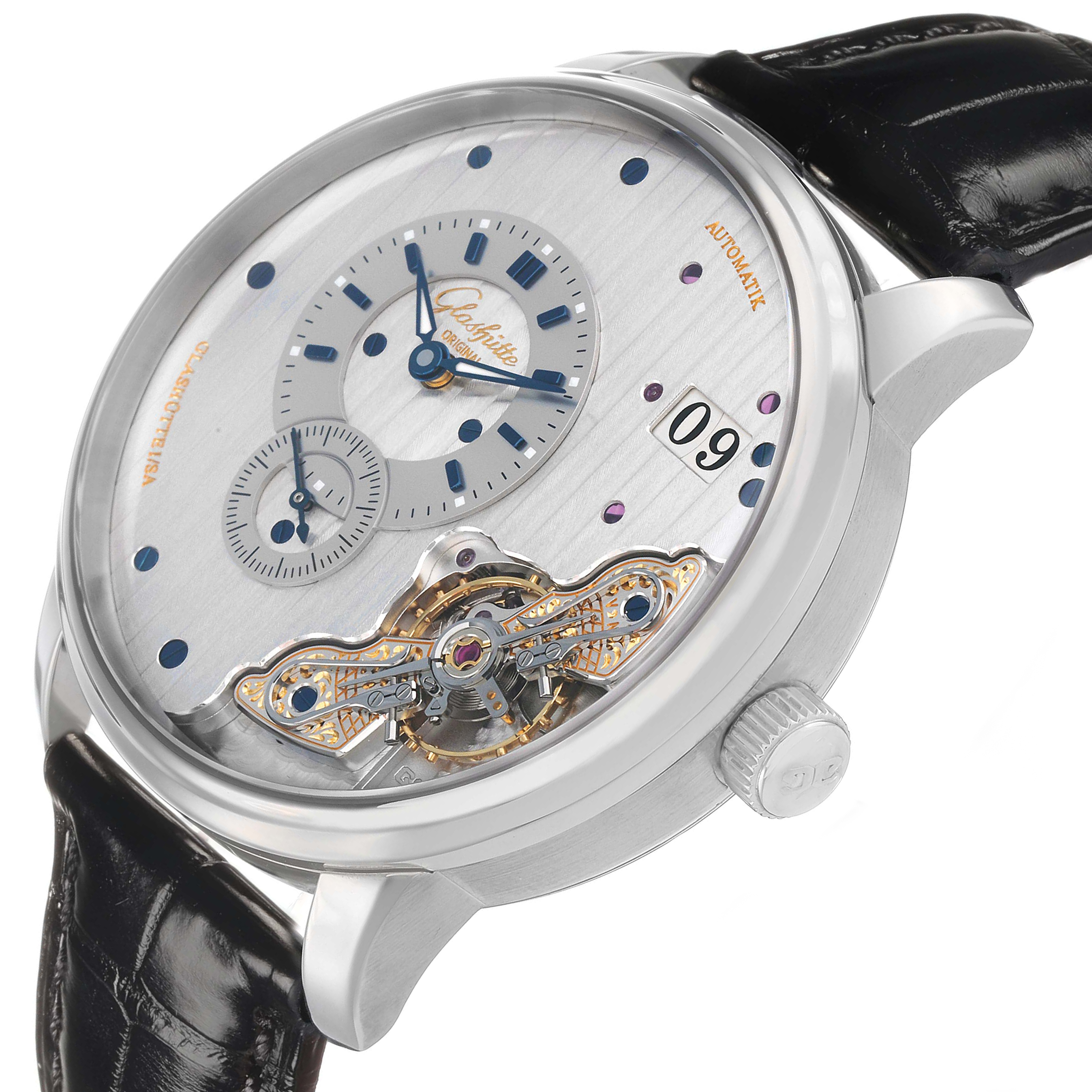 The Glashütte Original watch is shown at a three-quarter angle, displaying the dial, crown, and part of the strap.