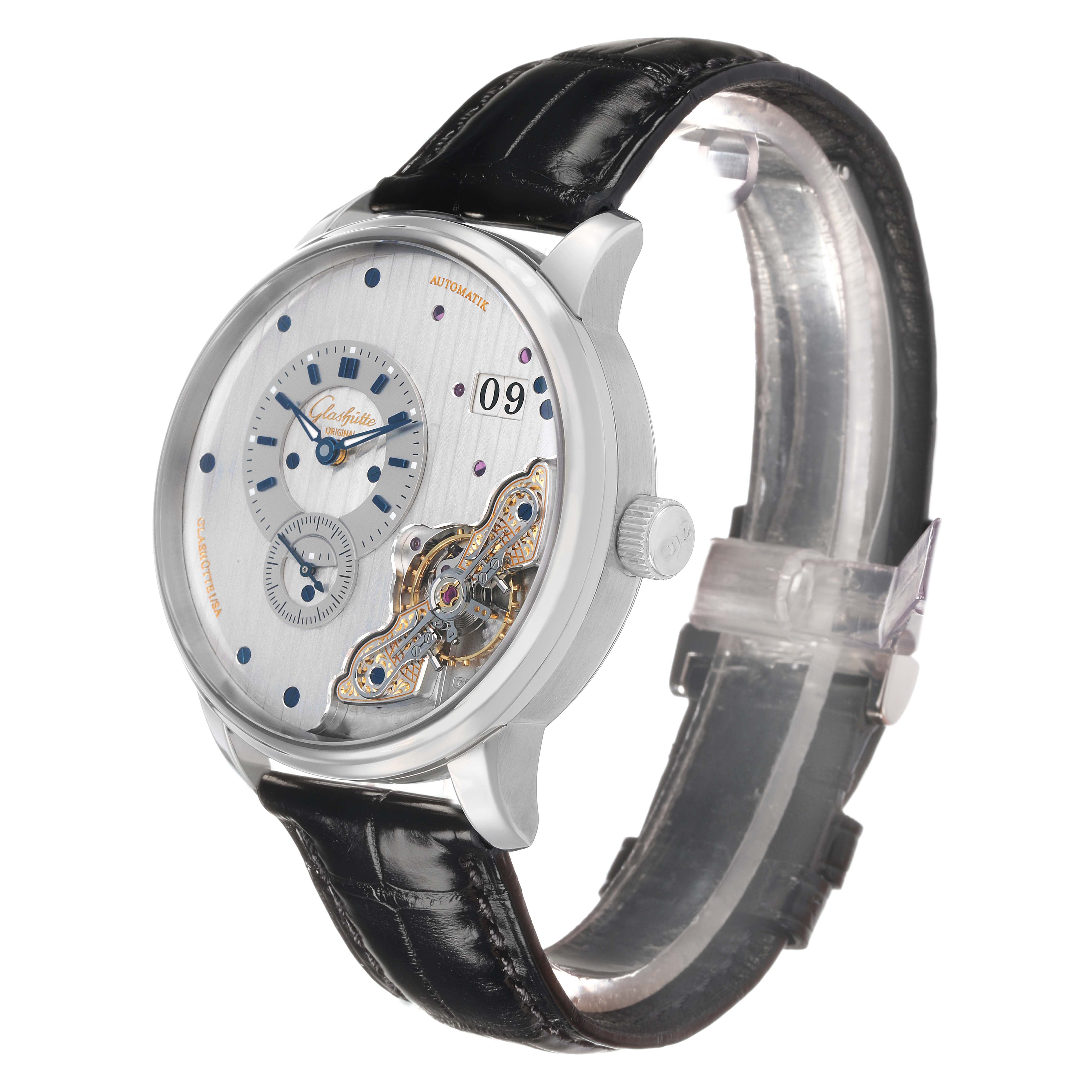 The Glashütte Original watch is shown at a three-quarter angle, displaying its face, intricate dial work, and leather strap.